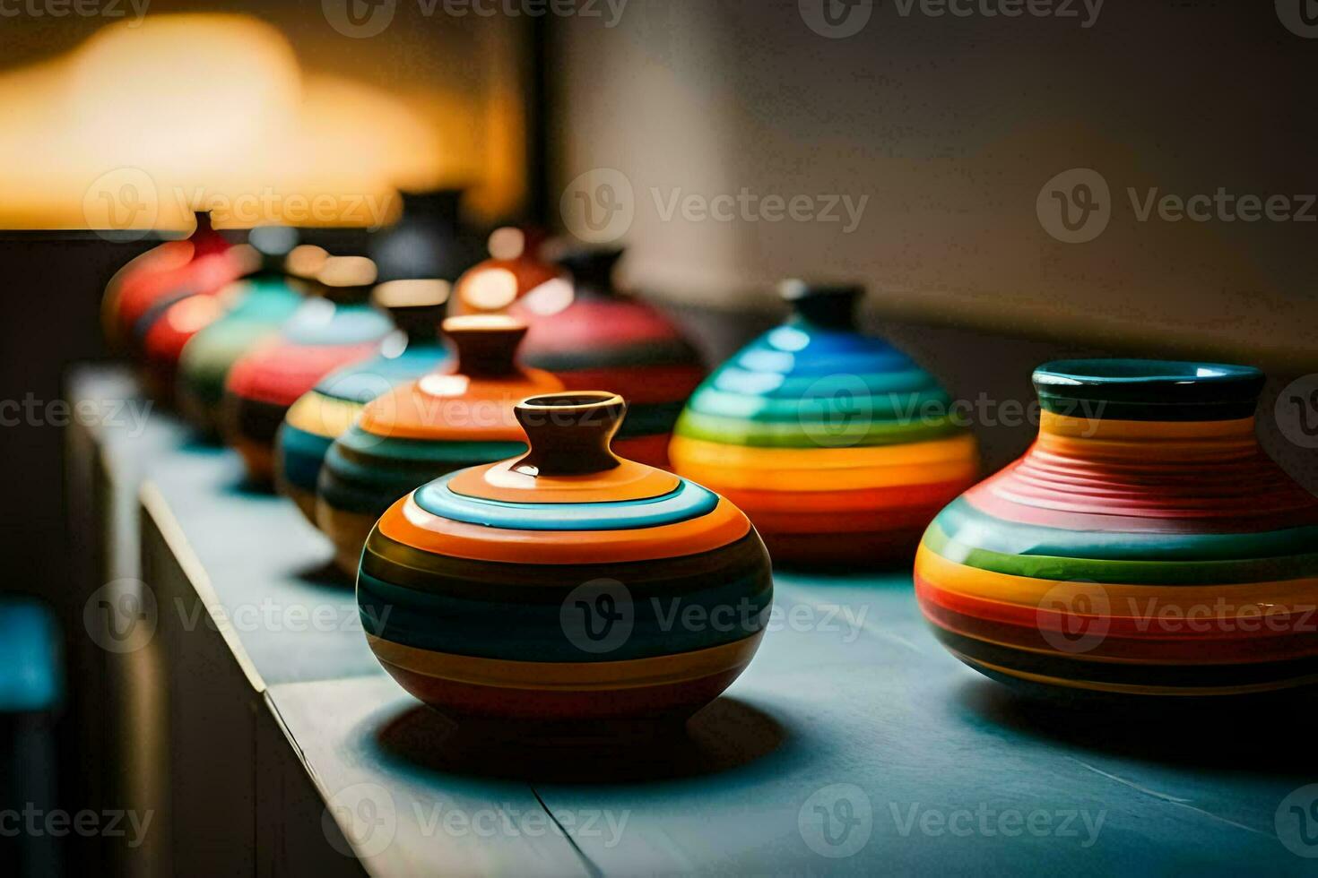 colorida vasos forrado acima em uma mesa. gerado por IA foto