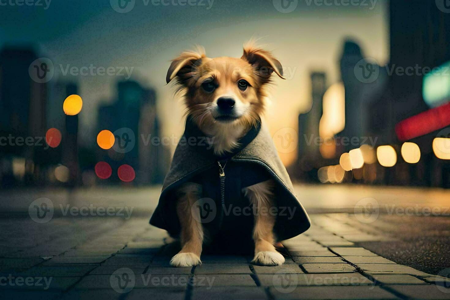 uma cachorro vestindo uma capa senta em a rua. gerado por IA foto