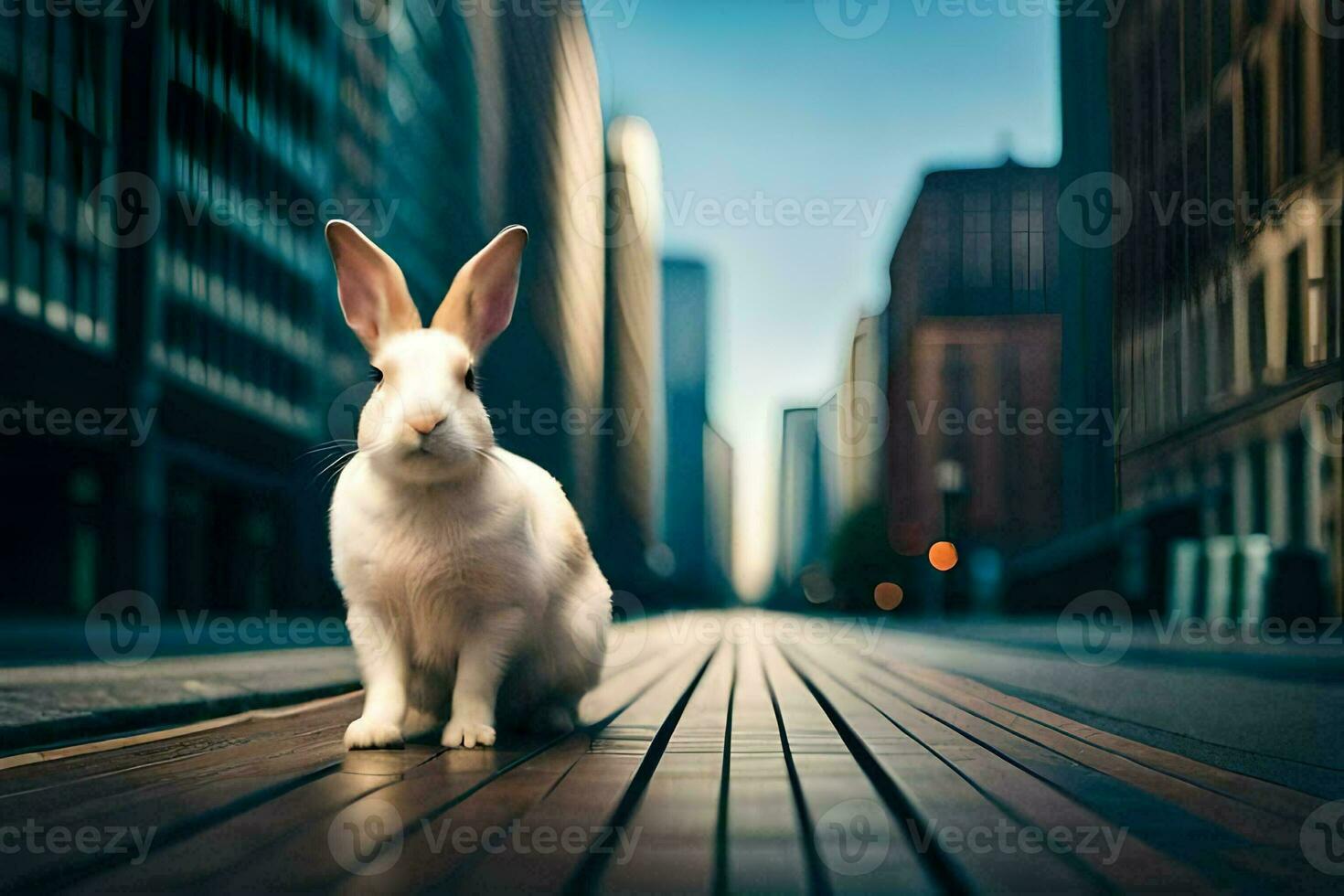 uma branco Coelho é sentado em uma de madeira calçadão dentro uma cidade. gerado por IA foto