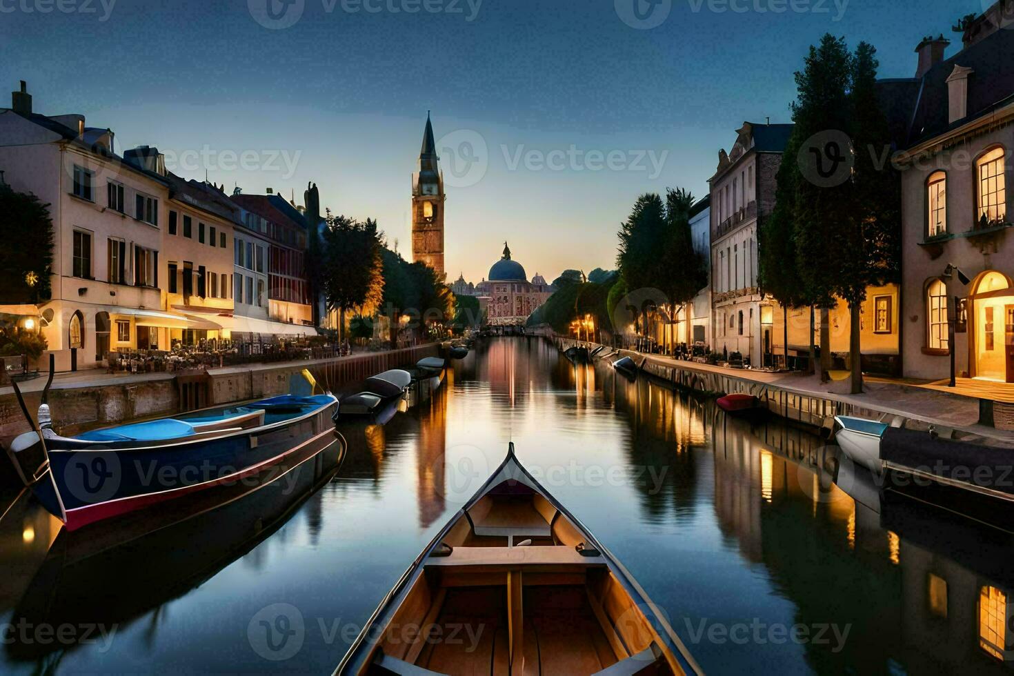 barcos estão ancorado dentro uma canal às noite. gerado por IA foto