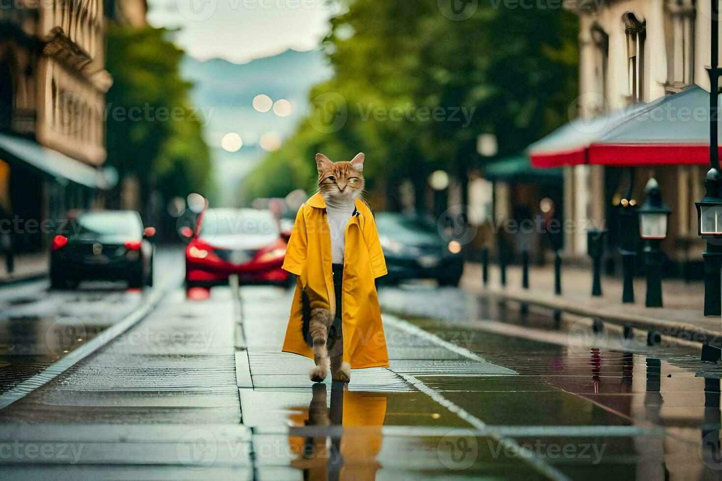 uma gato dentro uma amarelo capa de chuva caminhando baixa uma rua. gerado por IA foto