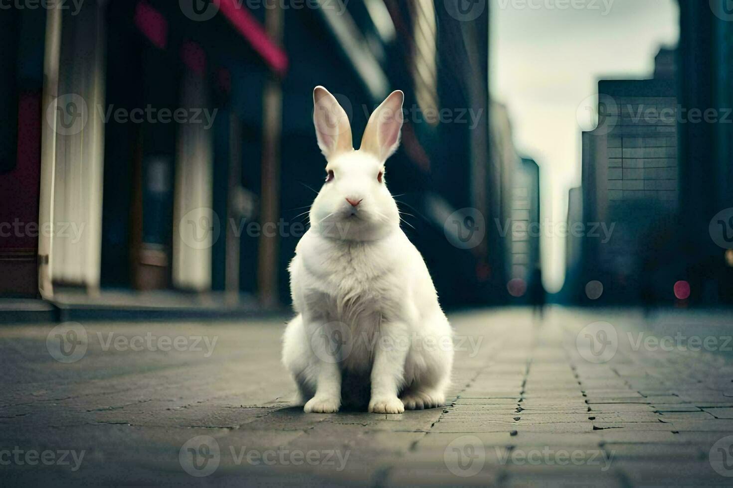 uma branco Coelho sentado em a rua dentro frente do alta edifícios. gerado por IA foto