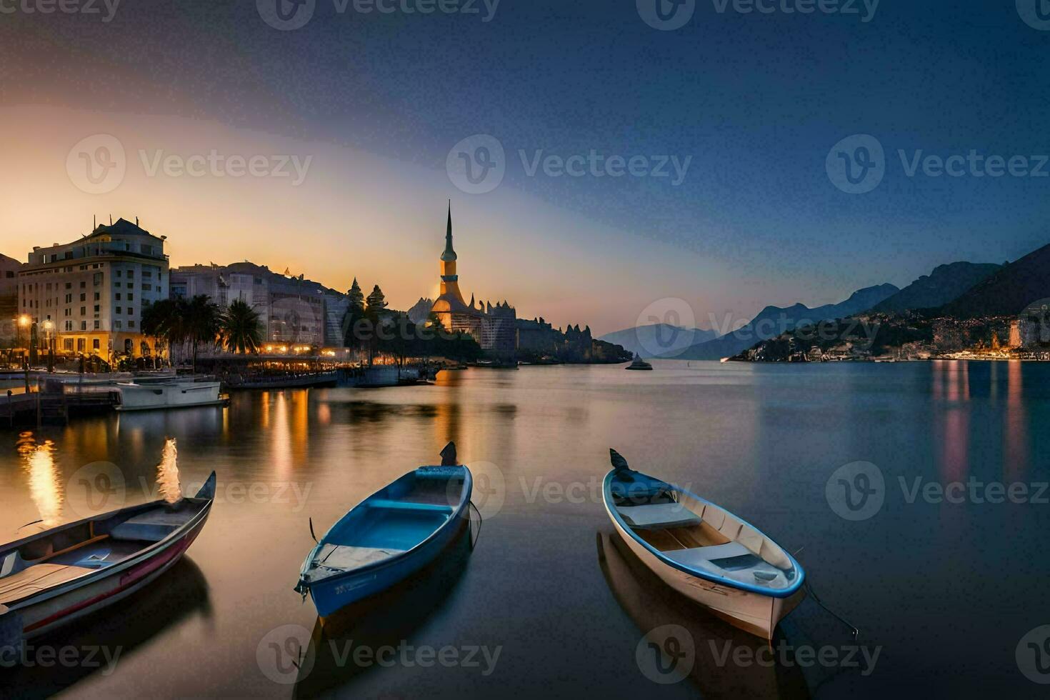 barcos ancorado dentro a água às pôr do sol dentro a cidade do kotor. gerado por IA foto