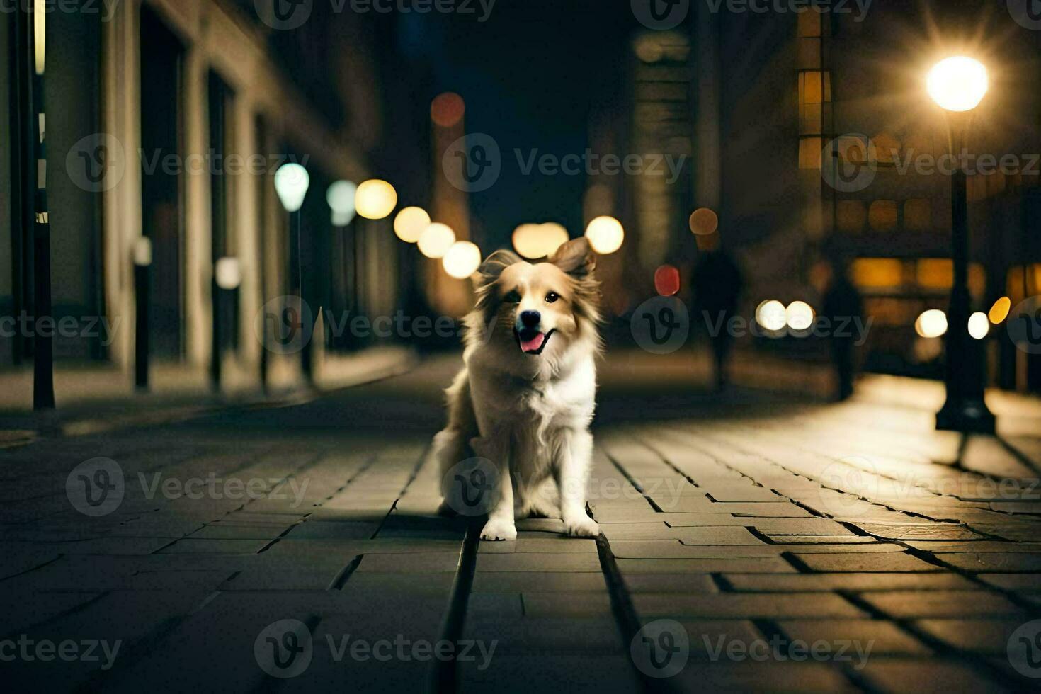 uma cachorro sentado em a calçada às noite. gerado por IA foto