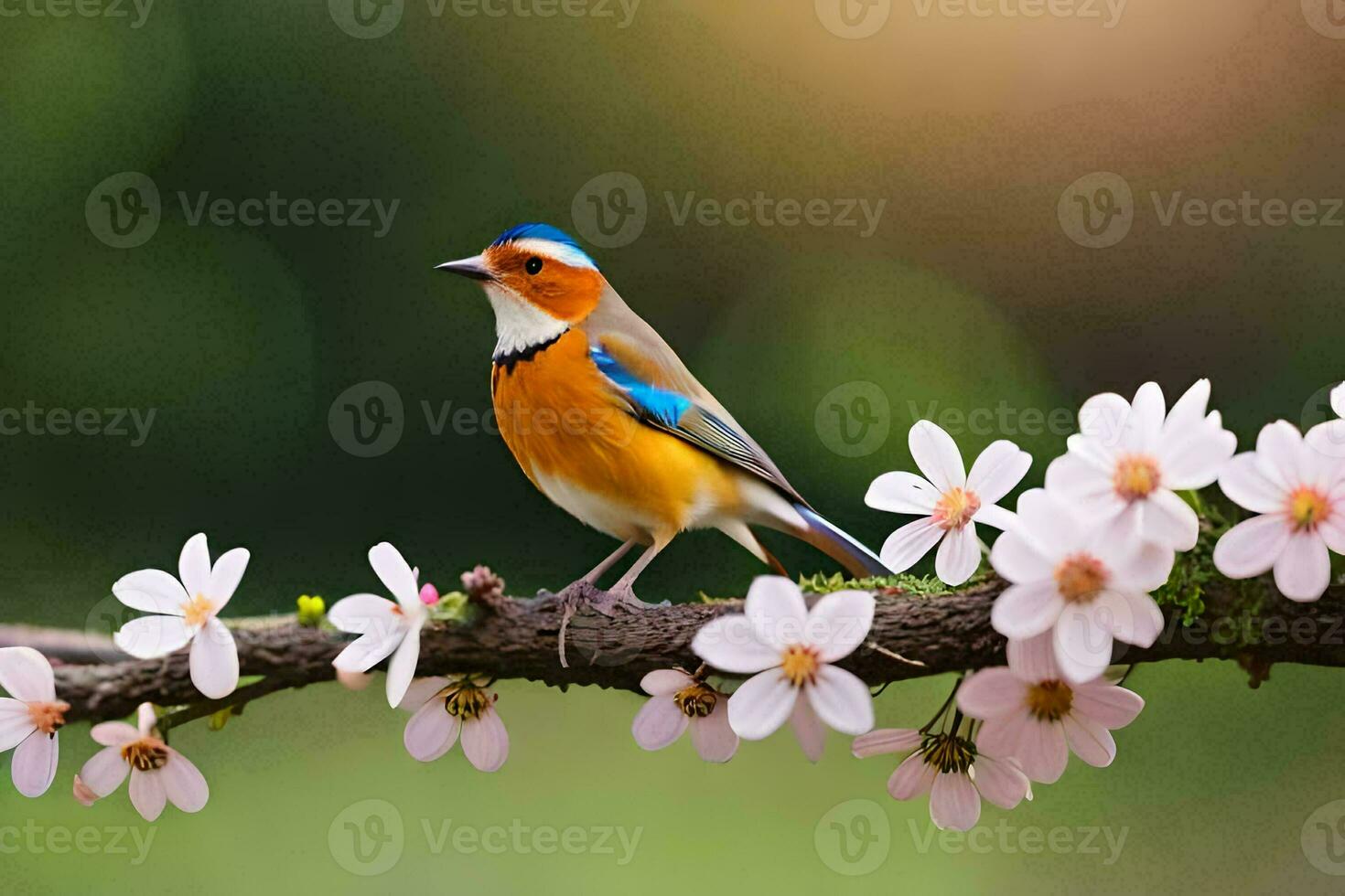 uma pássaro senta em uma ramo com flores gerado por IA foto