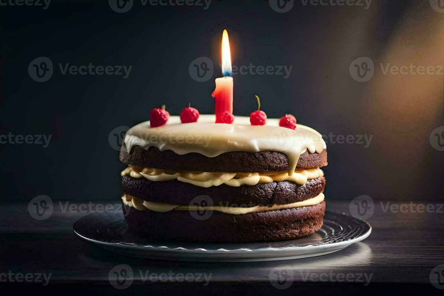 uma aniversário bolo com uma solteiro vela em topo. gerado por IA foto