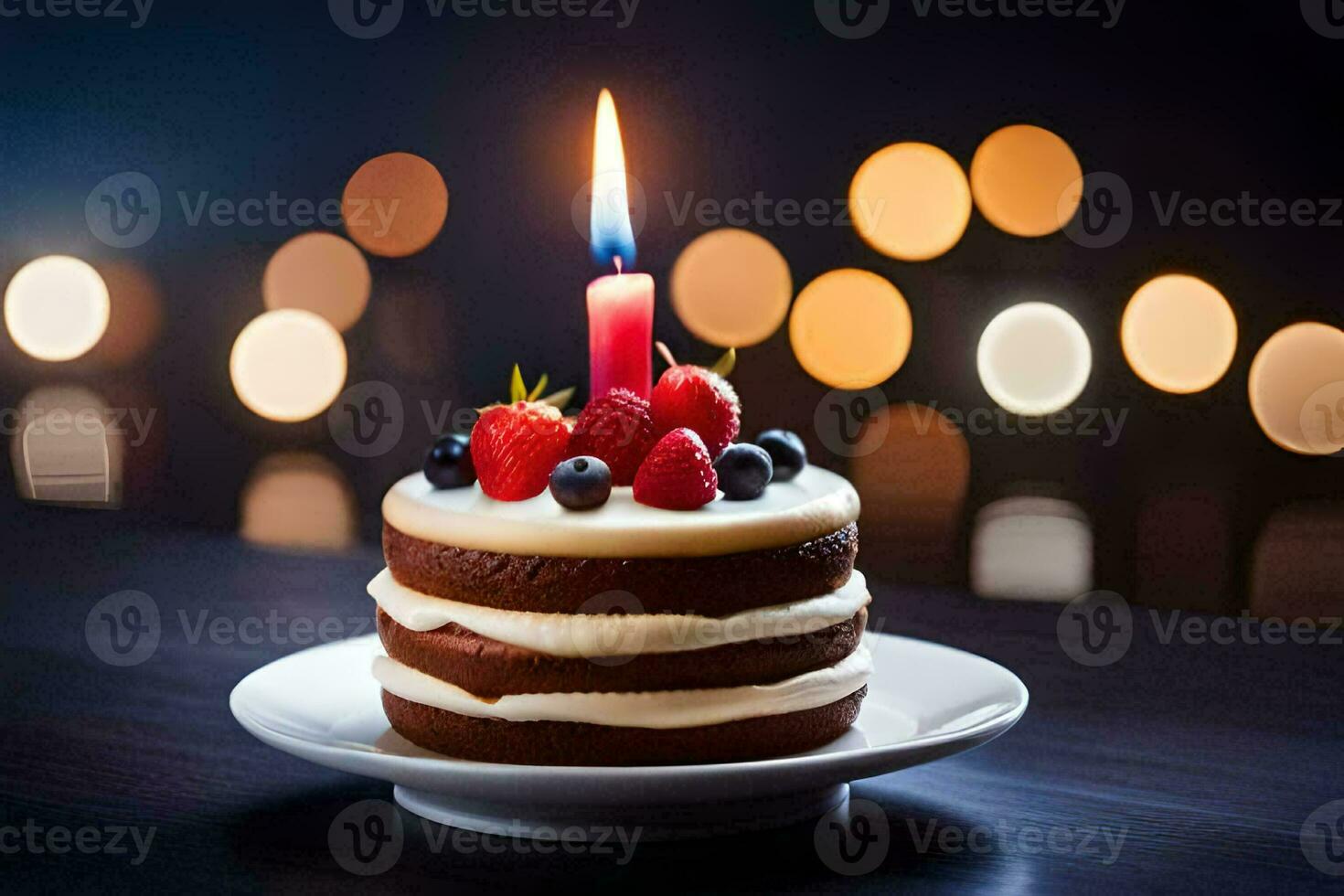 uma aniversário bolo com uma aceso vela. gerado por IA foto