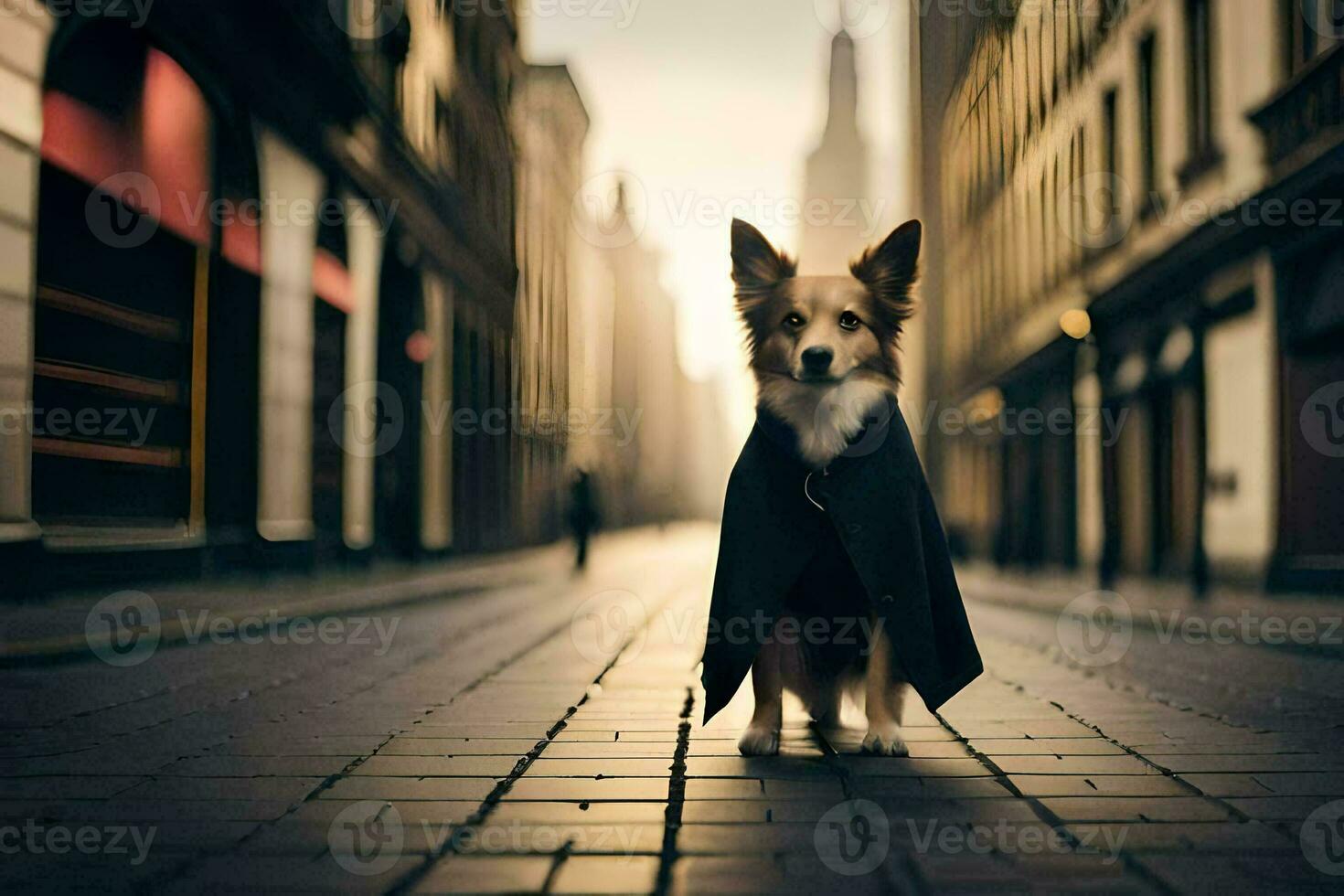 uma cachorro vestindo uma capa em pé em uma rua. gerado por IA foto