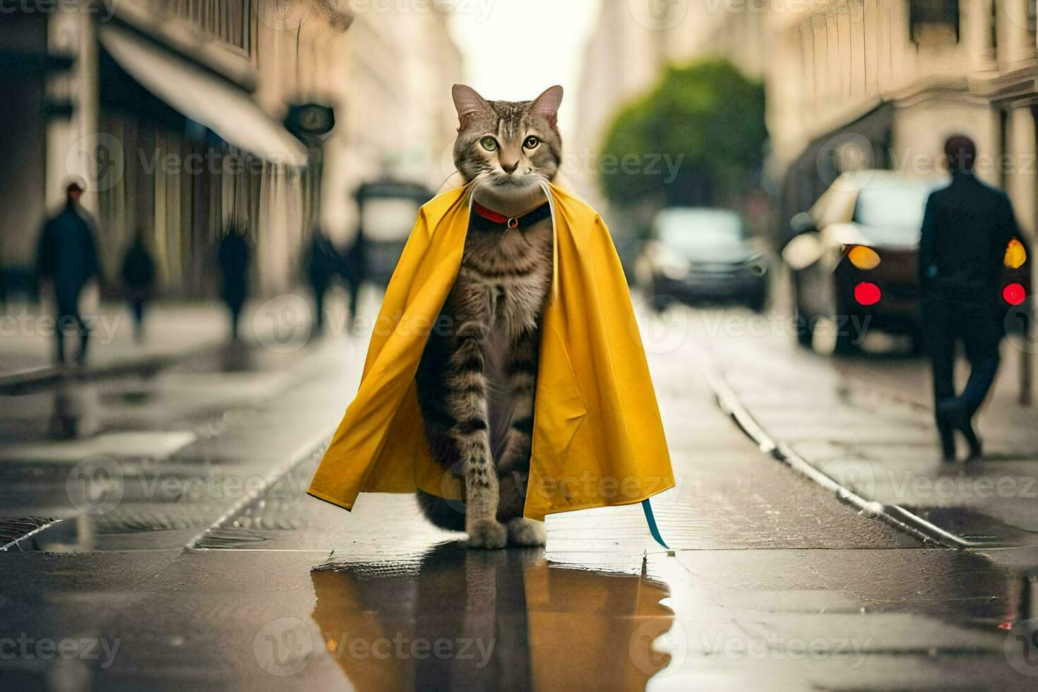 uma gato vestindo uma amarelo capa de chuva em uma cidade rua. gerado por IA foto