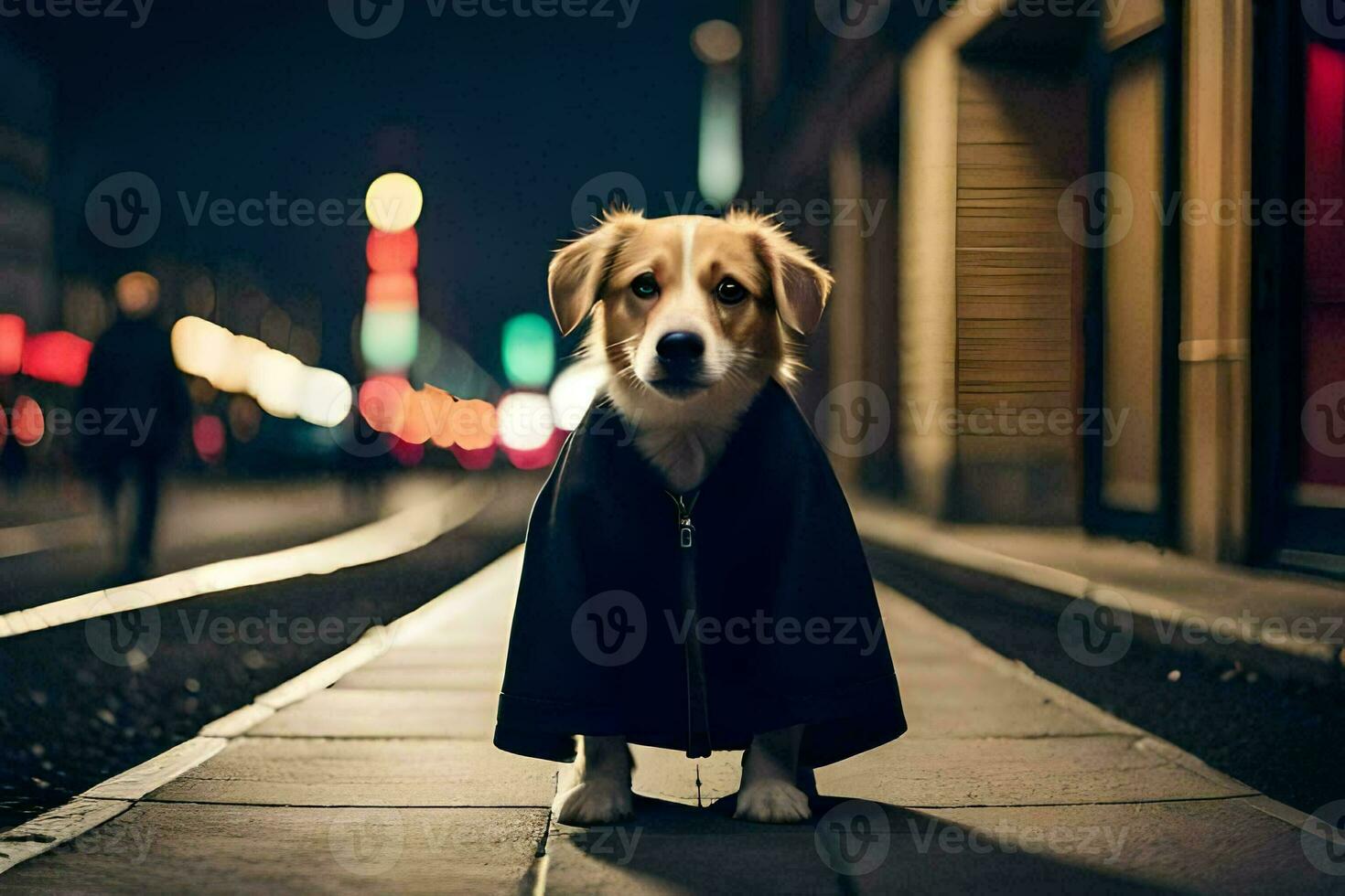 uma cachorro vestindo uma casaco em uma rua às noite. gerado por IA foto