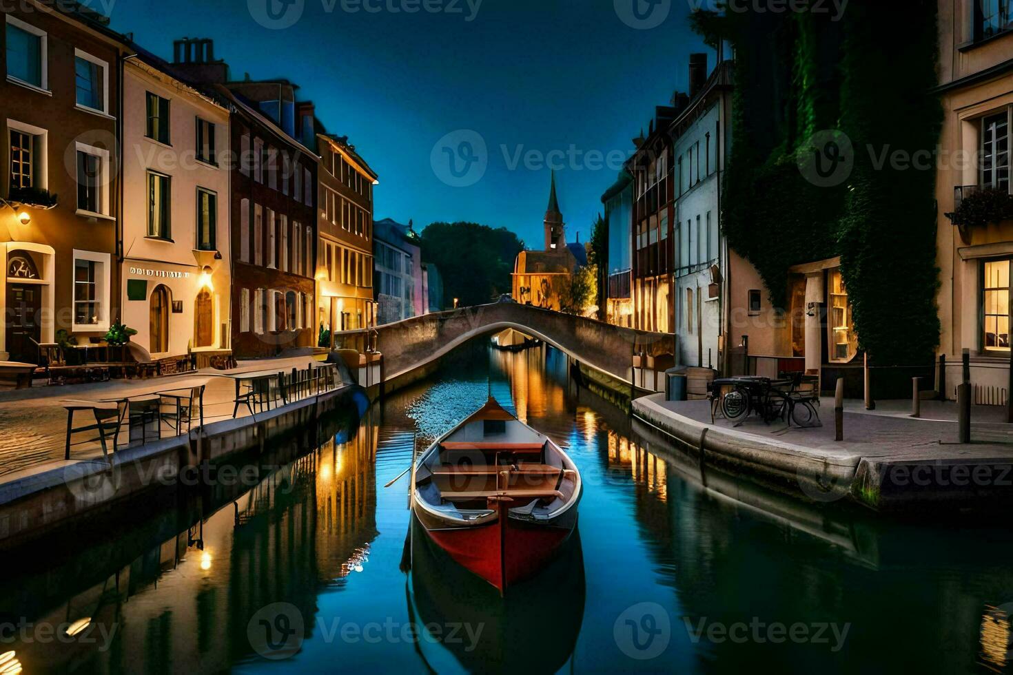 uma barco é ancorado dentro uma canal às noite. gerado por IA foto