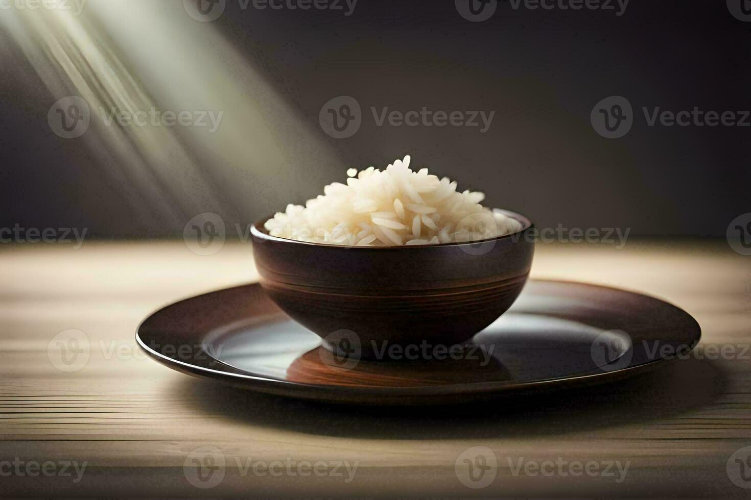 uma tigela do arroz em uma de madeira mesa. gerado por IA foto