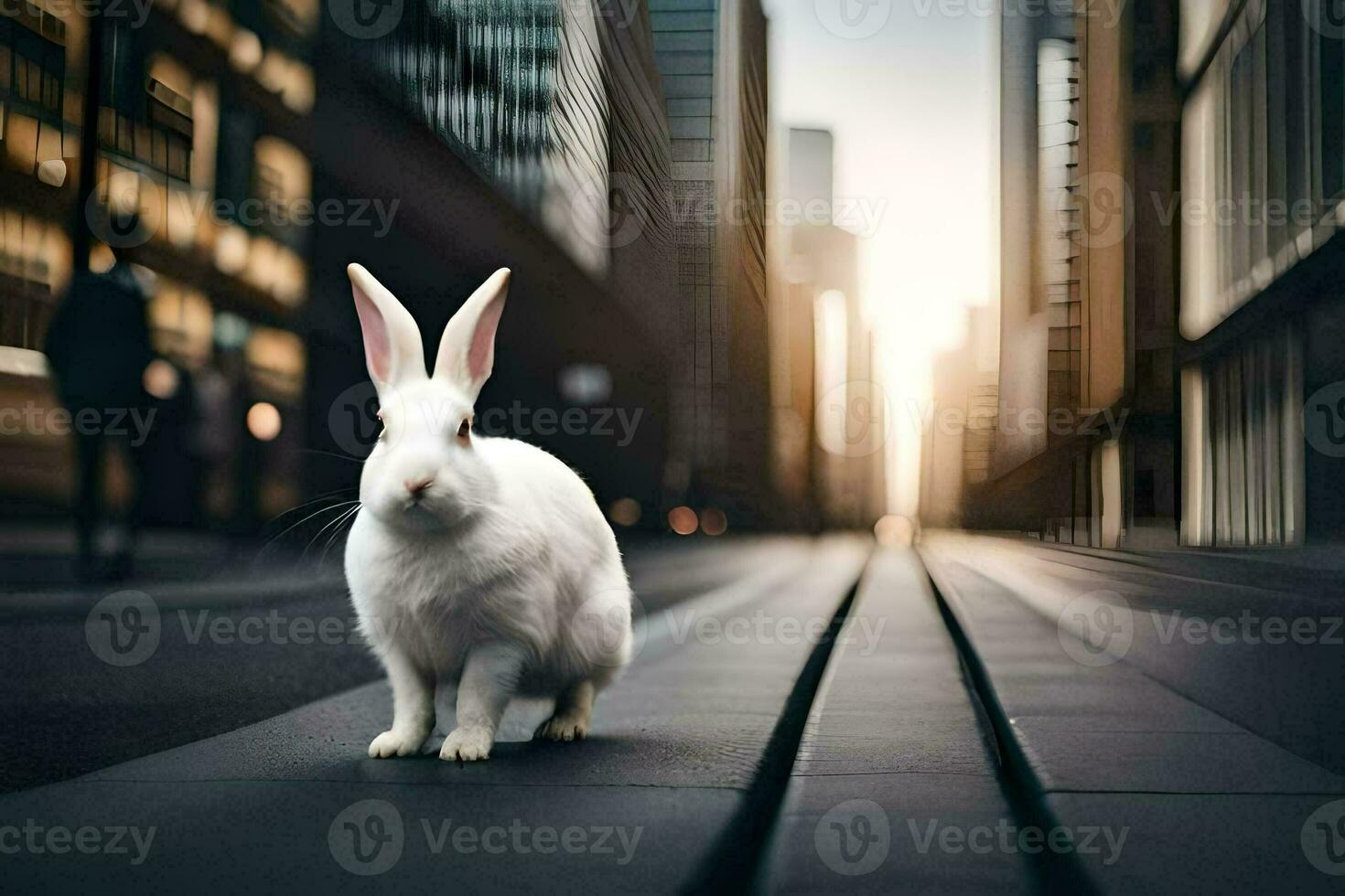 uma branco Coelho é em pé em a rua dentro uma cidade. gerado por IA foto