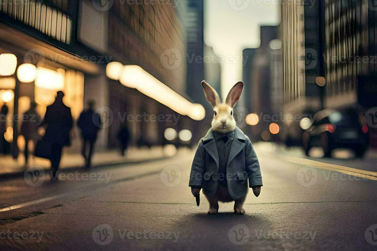 uma Coelho dentro uma terno em pé em uma cidade rua. gerado por IA foto