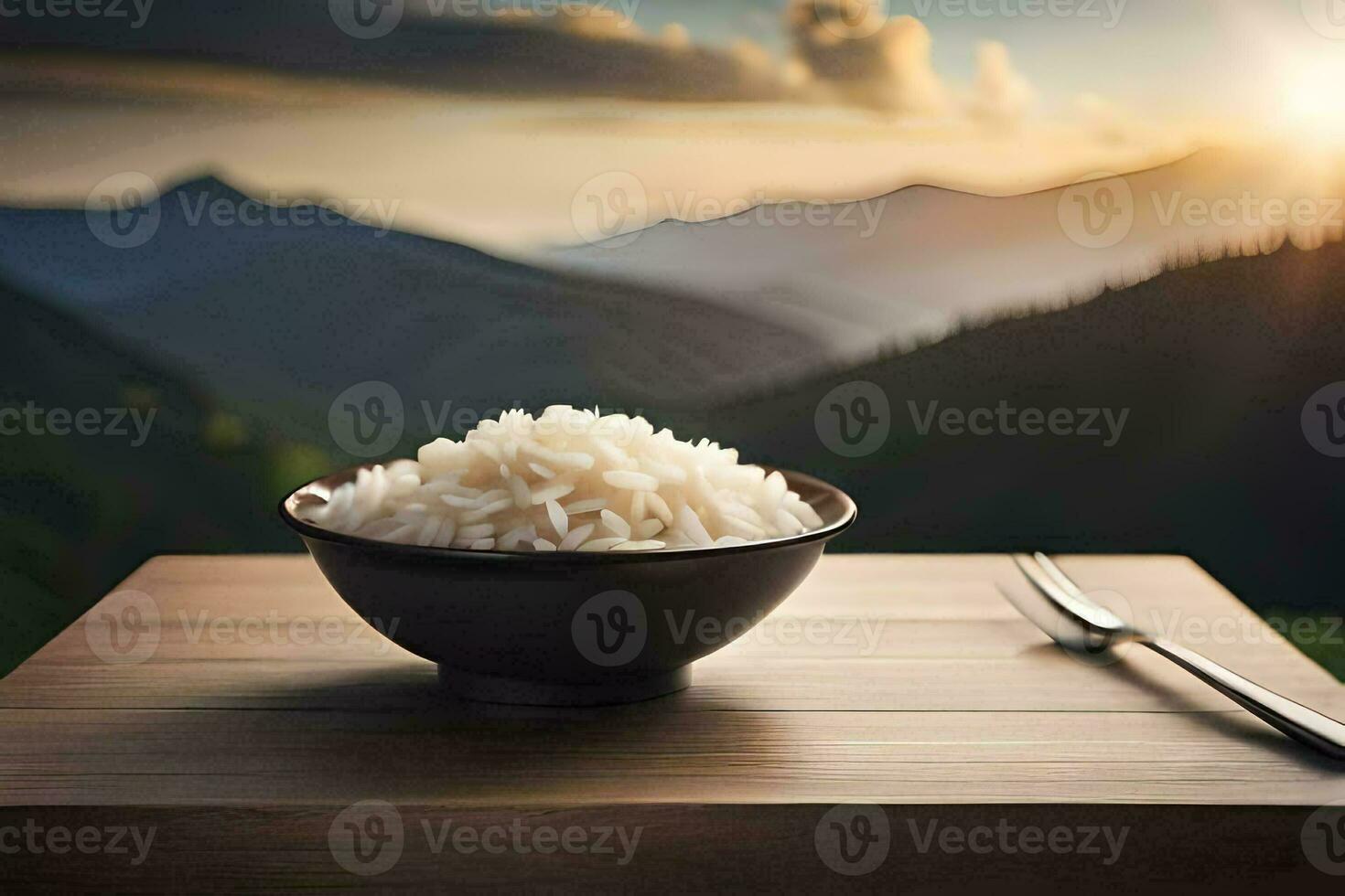 arroz dentro uma tigela em uma mesa com montanhas dentro a fundo. gerado por IA foto
