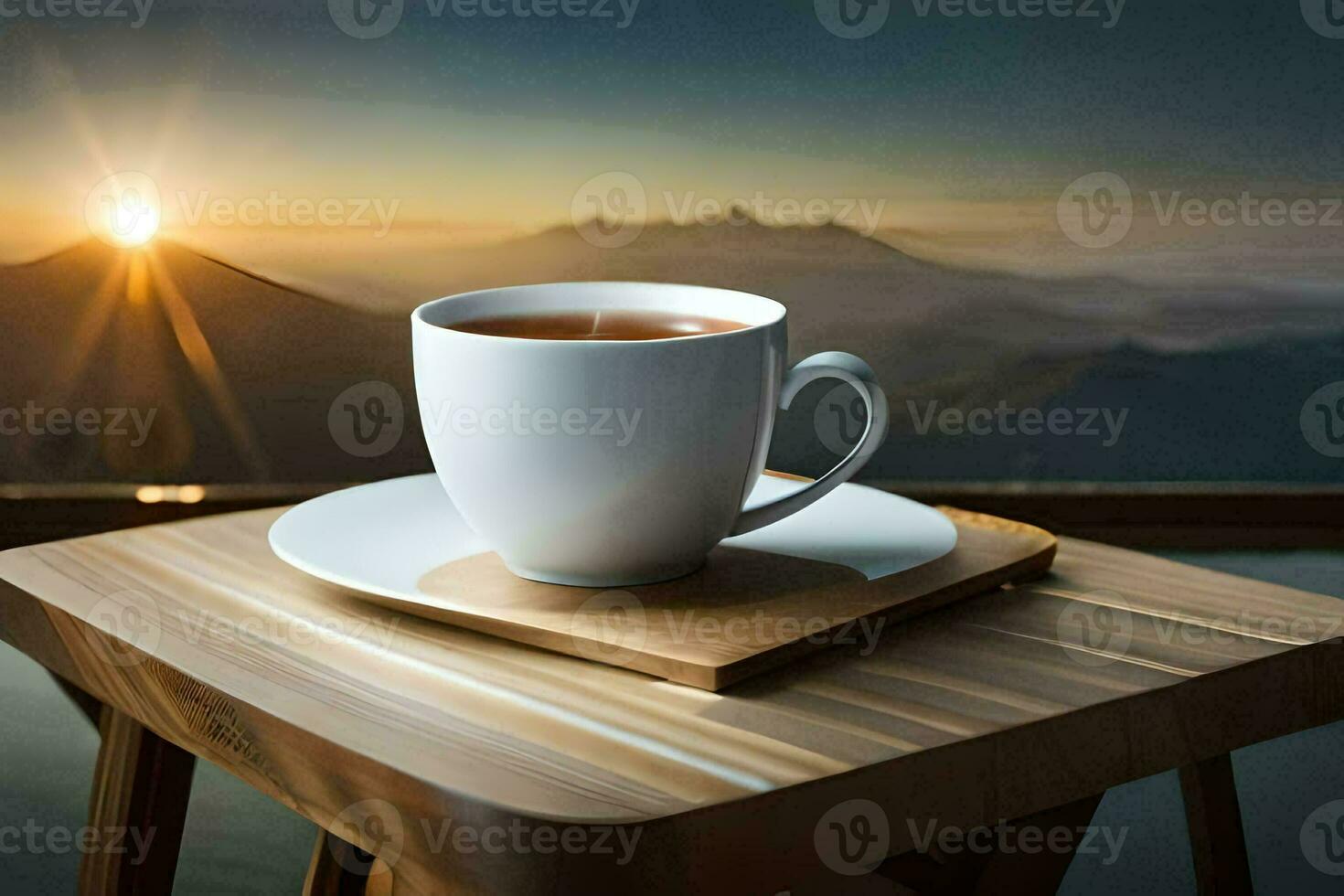 uma copo do chá em uma de madeira mesa dentro frente do uma montanha visualizar. gerado por IA foto