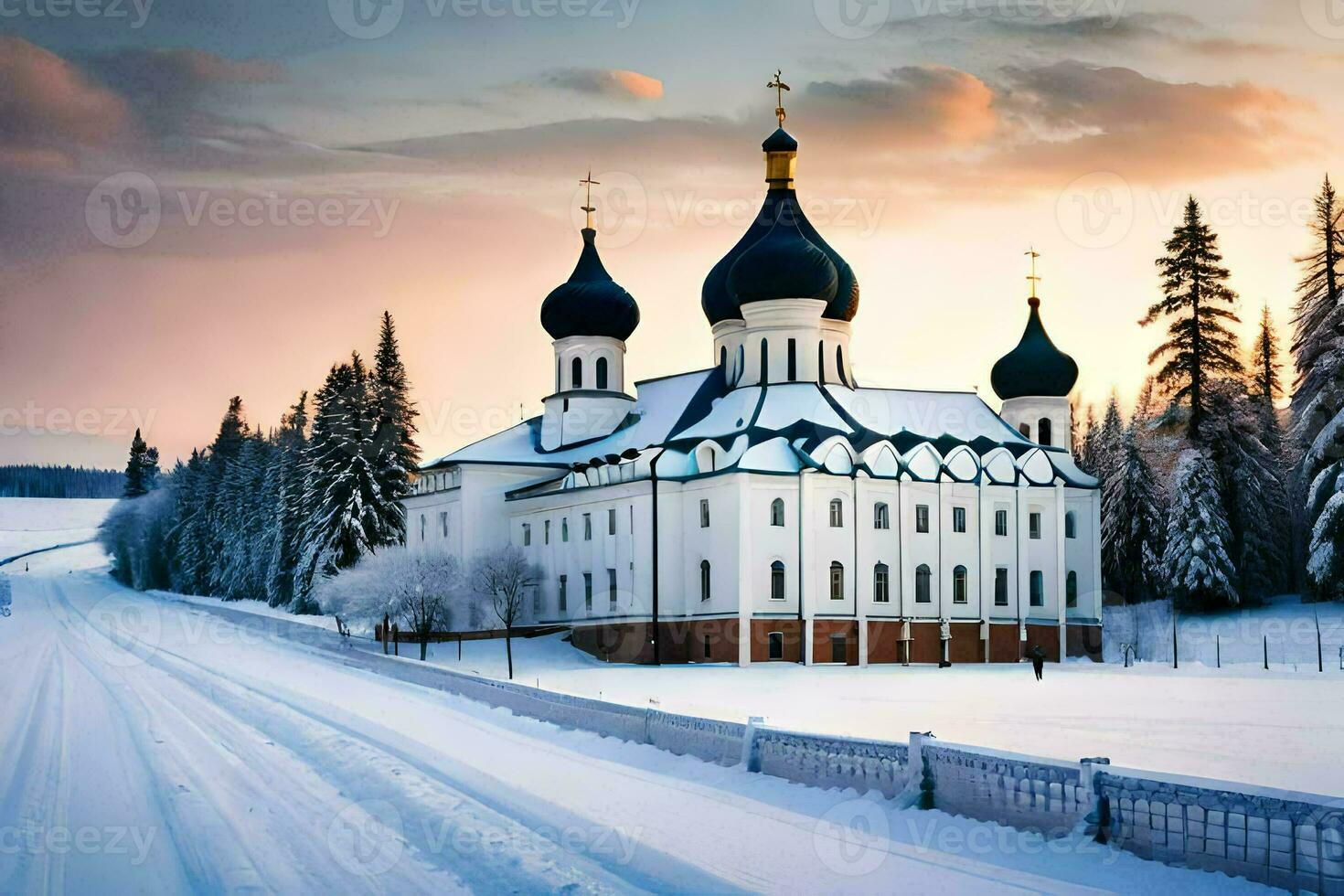 uma Igreja dentro a neve com árvores e neve. gerado por IA foto