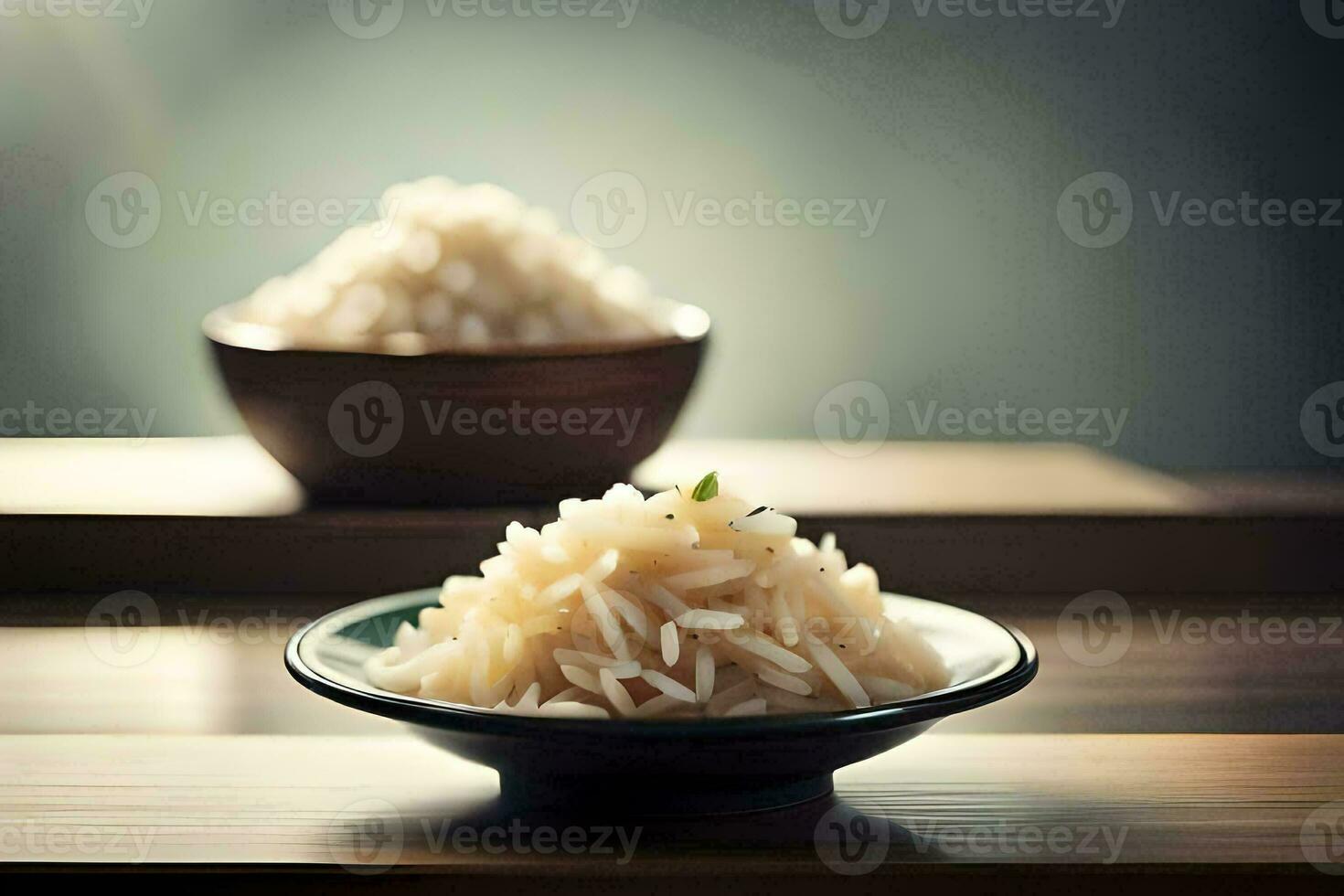 dois taças do arroz sentar em uma mesa. gerado por IA foto
