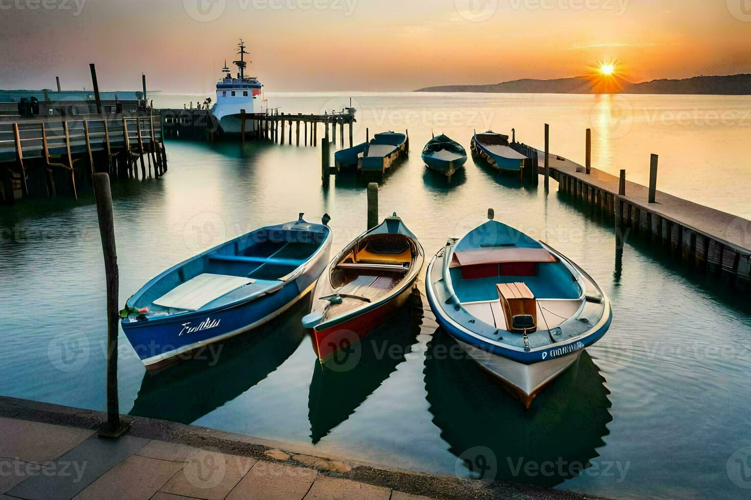 barcos ancorado às a cais às pôr do sol. gerado por IA foto