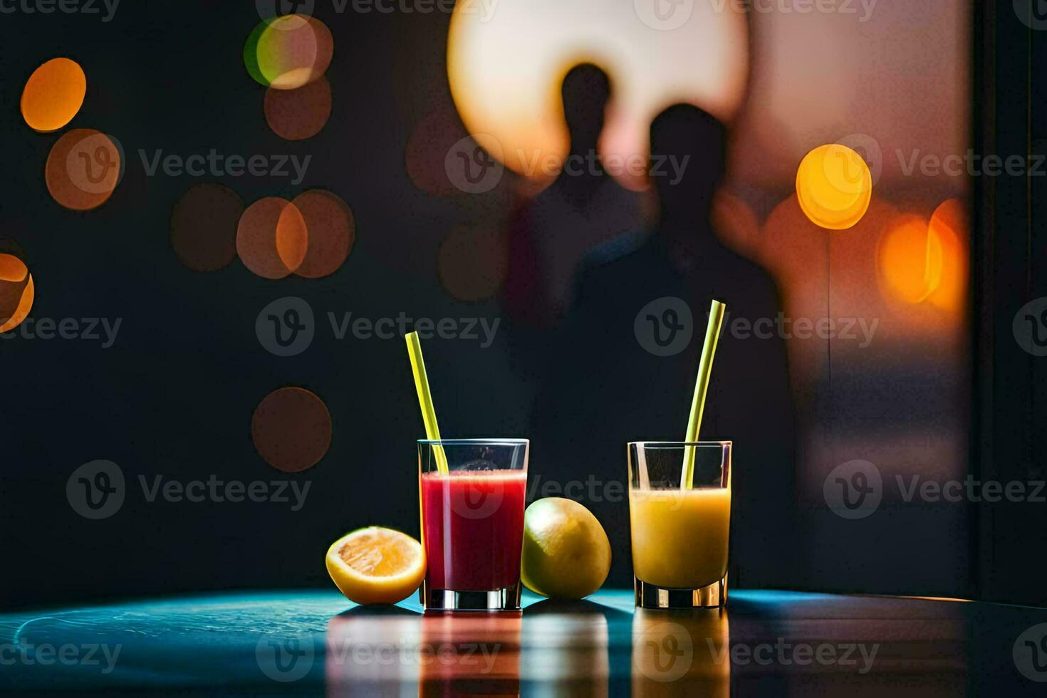 dois óculos do suco com uma limão e a laranja. gerado por IA foto