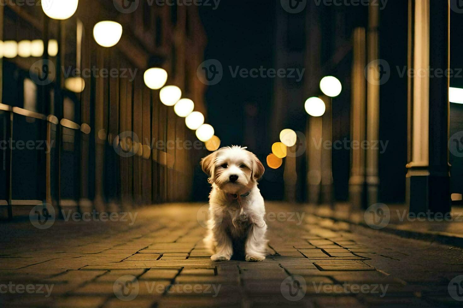 uma pequeno cachorro em pé em uma rua às noite. gerado por IA foto