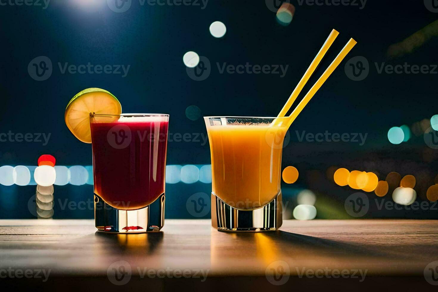 dois óculos do suco com uma fatia do laranja e uma canudo. gerado por IA foto