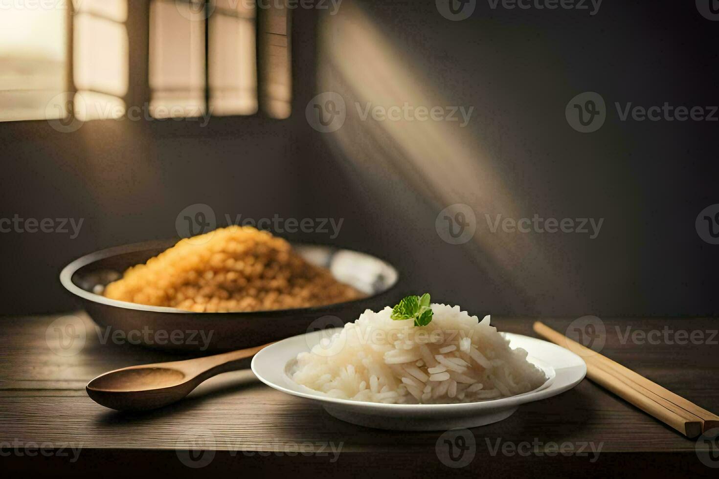 uma tigela do arroz e pauzinhos em uma de madeira mesa. gerado por IA foto