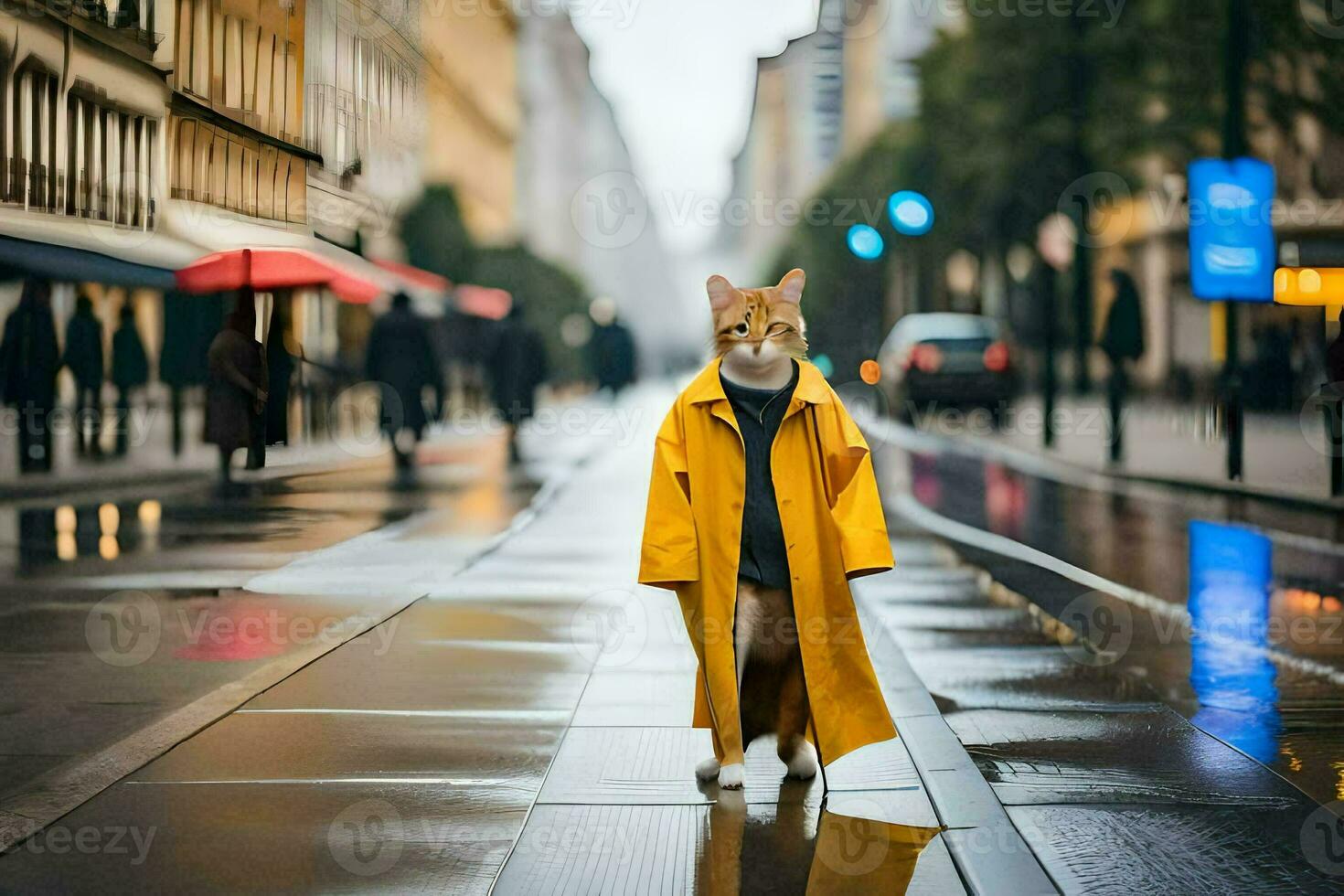 uma gato dentro uma capa de chuva em pé em uma molhado rua. gerado por IA foto