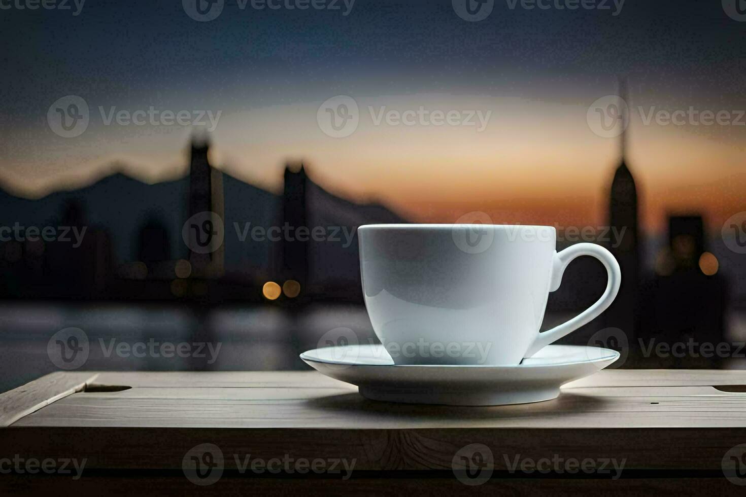 café copo em uma de madeira mesa com cidade dentro a fundo. gerado por IA foto