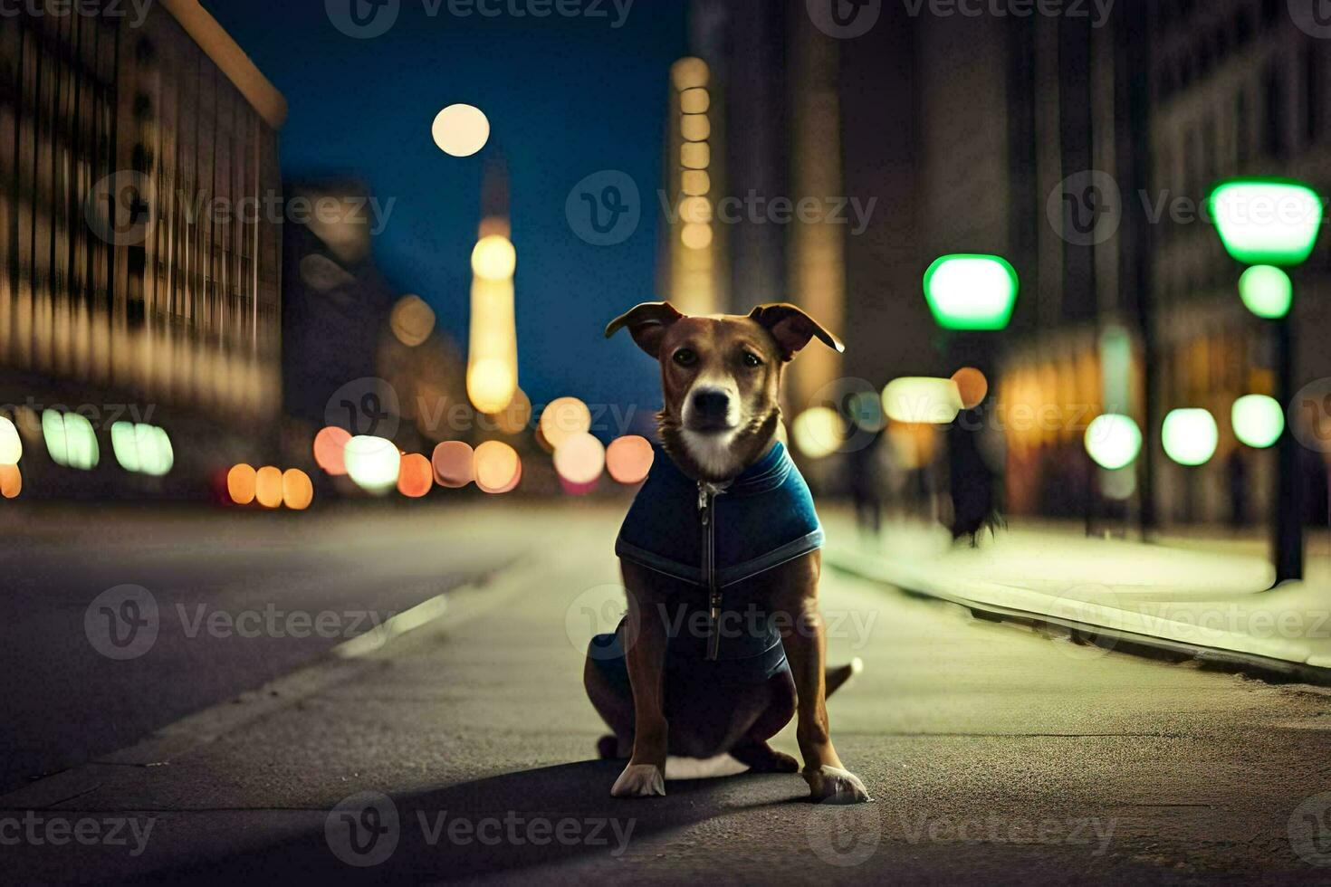 uma cachorro dentro uma azul Jaqueta sentado em a rua às noite. gerado por IA foto