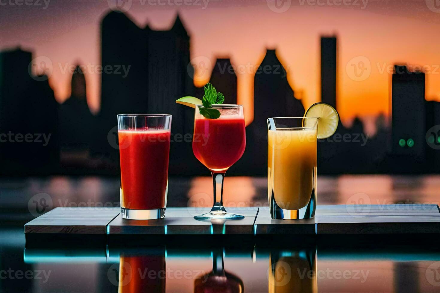 três bebidas sentar em uma mesa dentro frente do uma cidade Horizonte. gerado por IA foto