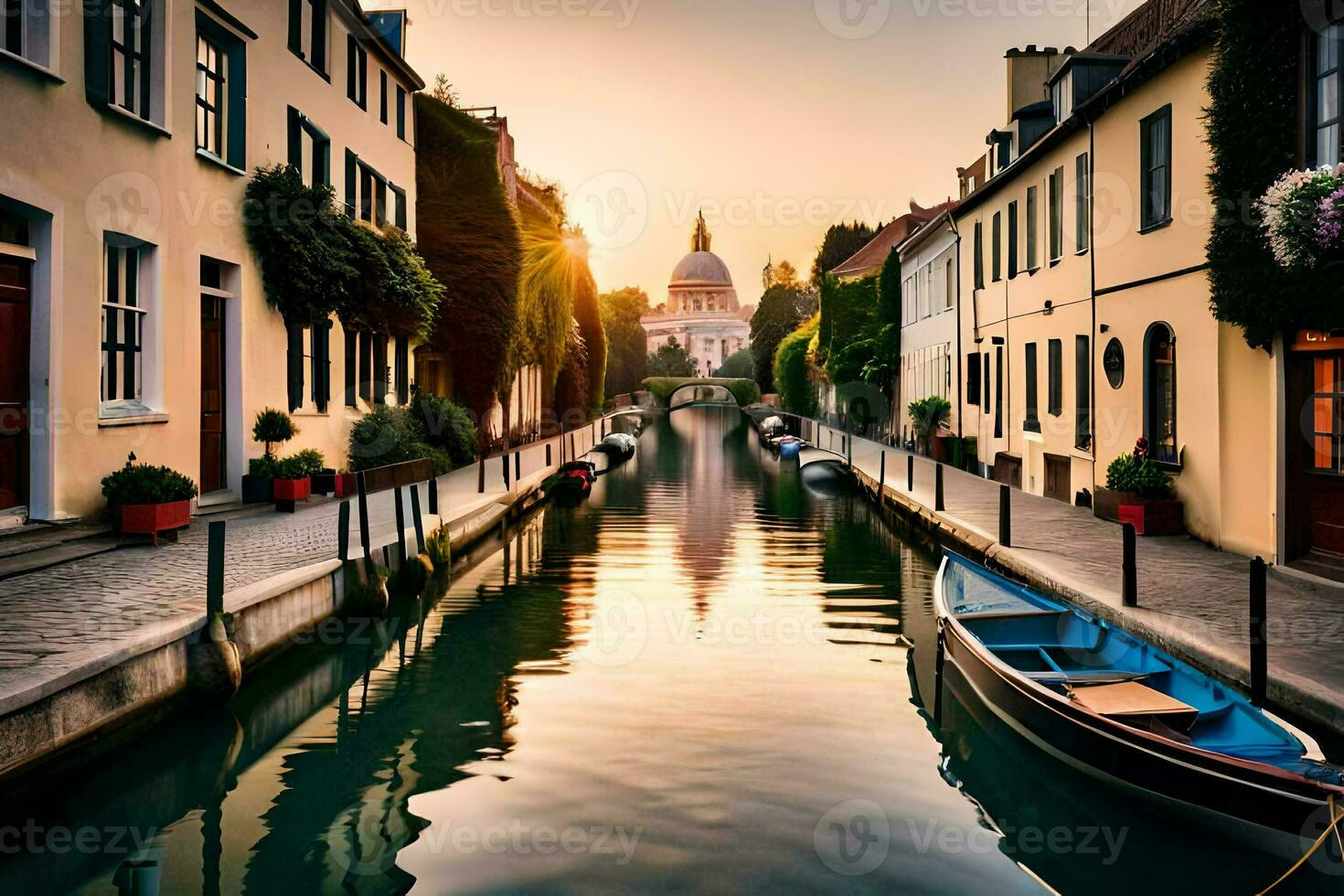 uma canal dentro uma cidade com barcos e edifícios. gerado por IA foto