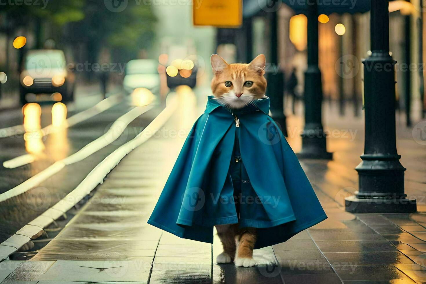 uma gato vestindo uma azul capa anda em baixa uma rua. gerado por IA foto