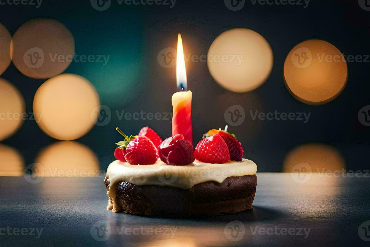 uma aniversário bolo com uma solteiro vela. gerado por IA foto