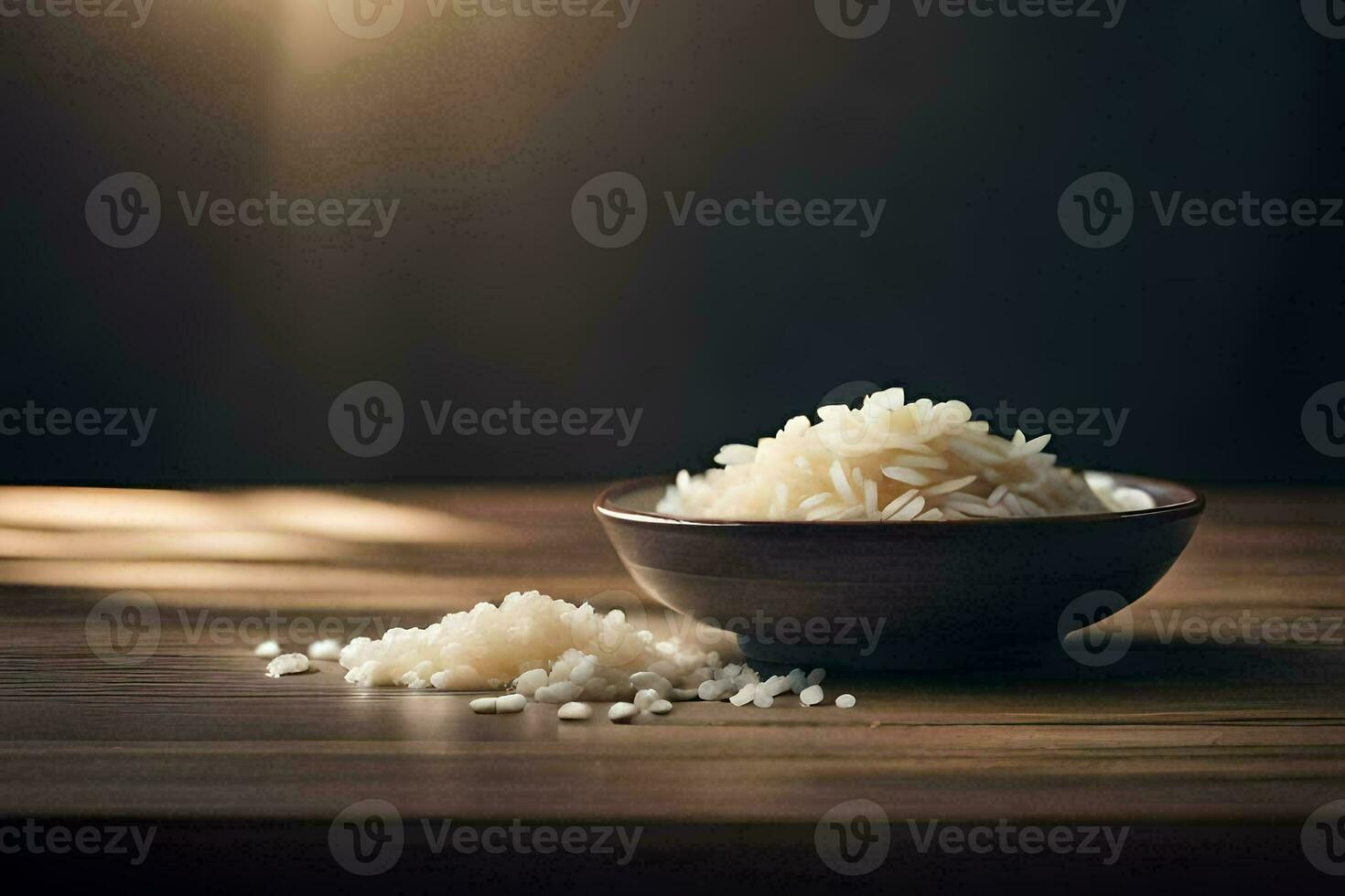 arroz dentro uma tigela em uma de madeira mesa. gerado por IA foto