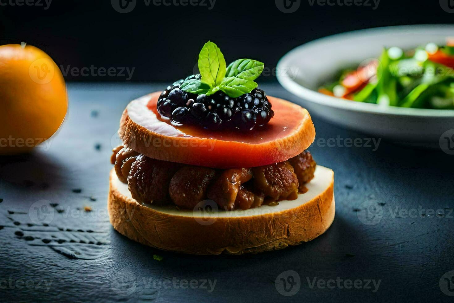 uma sanduíche com fruta e Amora silvestre em isto. gerado por IA foto