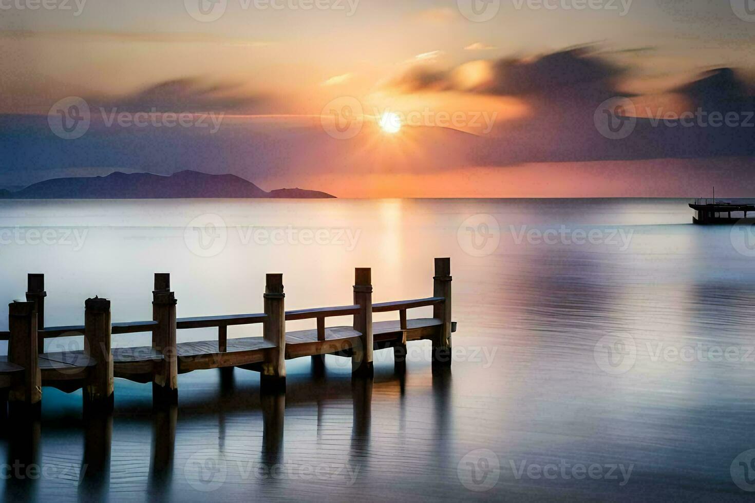 uma de madeira cais dentro a oceano às pôr do sol. gerado por IA foto