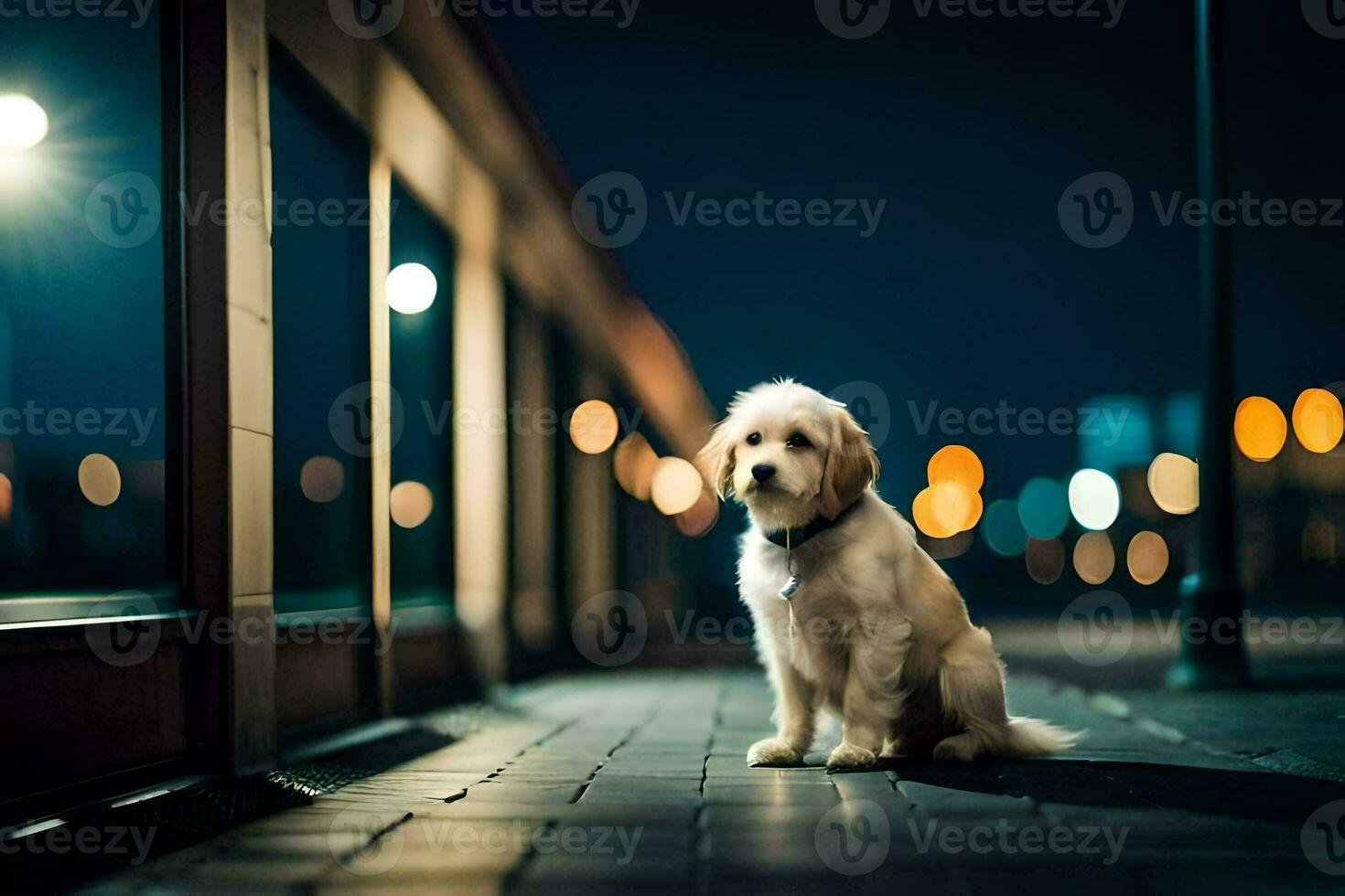 uma cachorro sentado em a calçada às noite. gerado por IA foto