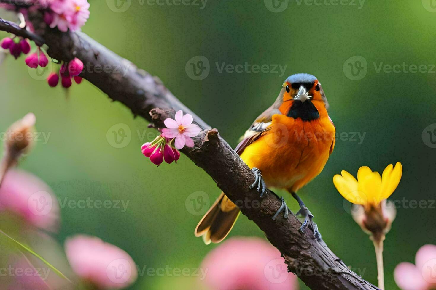 uma pássaro senta em uma ramo com flores dentro a fundo. gerado por IA foto