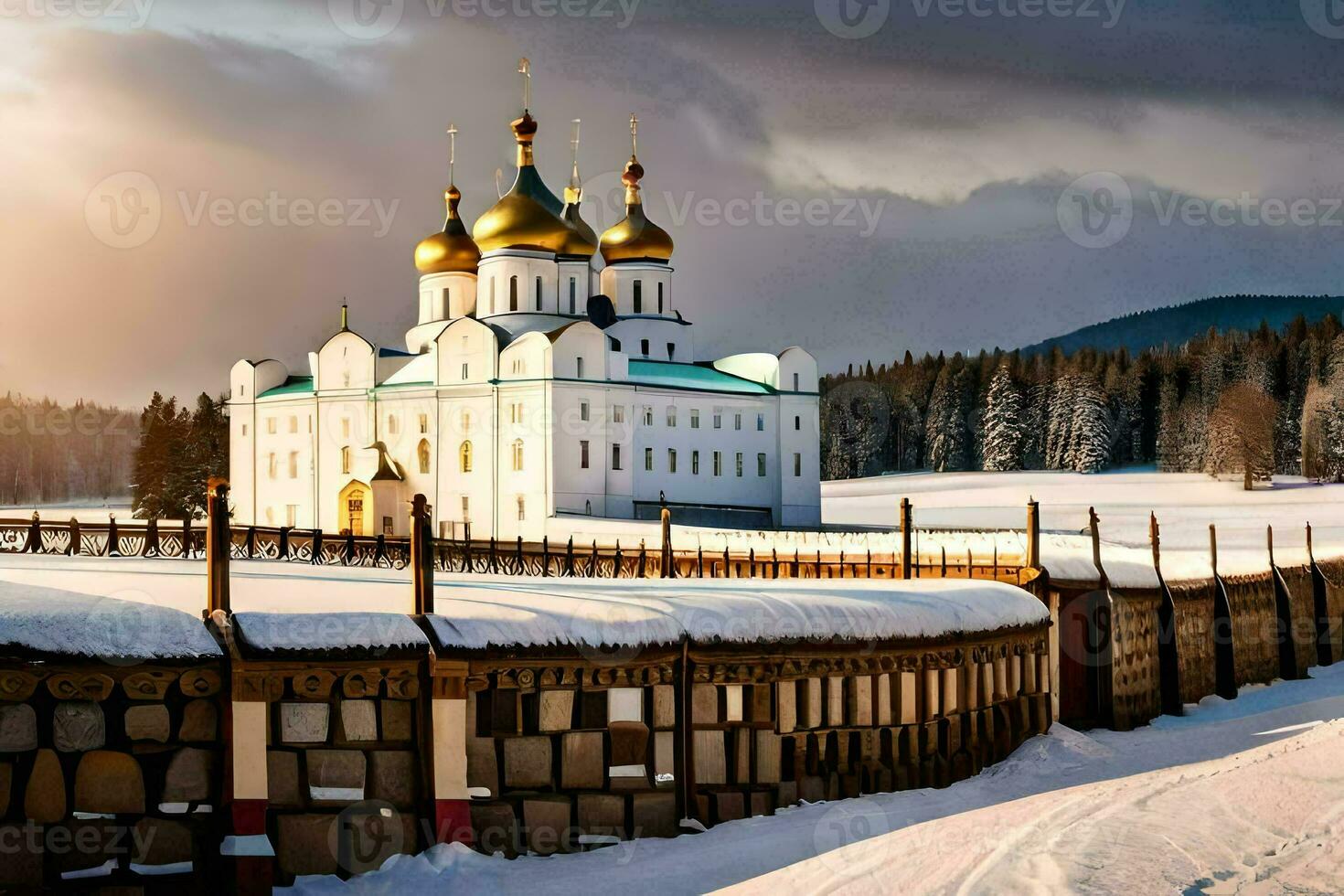 uma branco Igreja dentro a neve com dourado cúpulas. gerado por IA foto