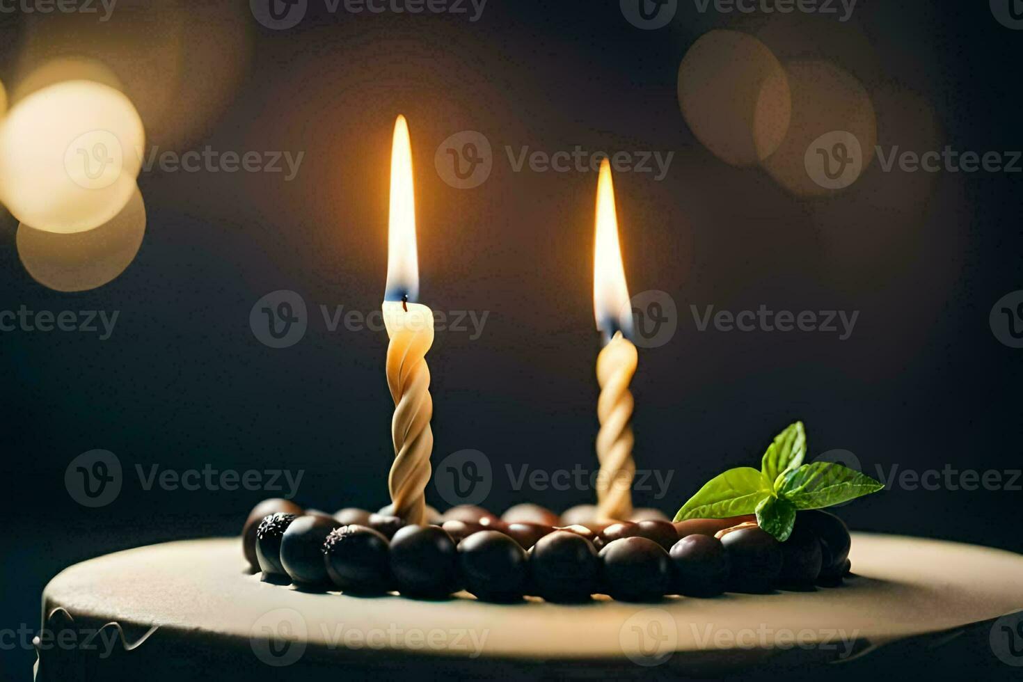 dois velas estão aceso em uma bolo com chocolate. gerado por IA foto