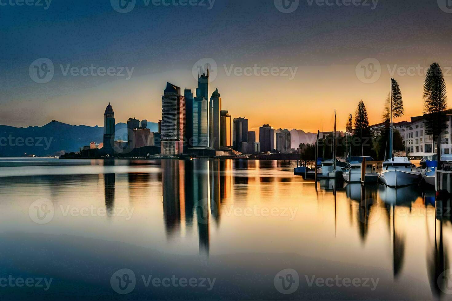 a cidade Horizonte é refletido dentro a água às pôr do sol. gerado por IA foto