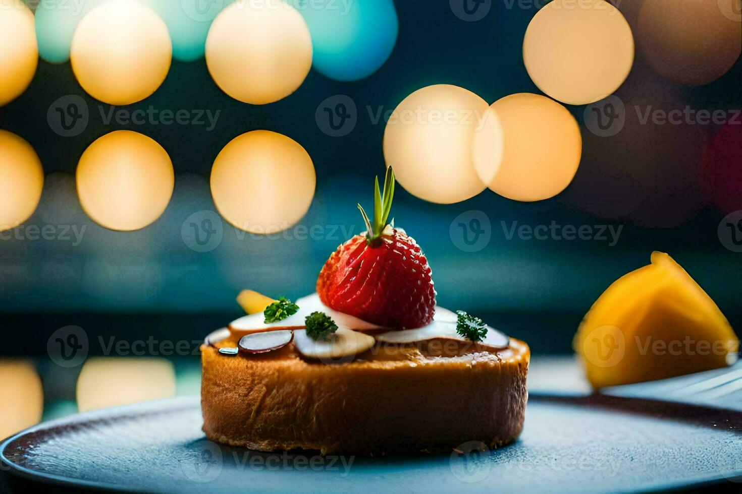 uma sobremesa em uma prato com uma morango em topo. gerado por IA foto