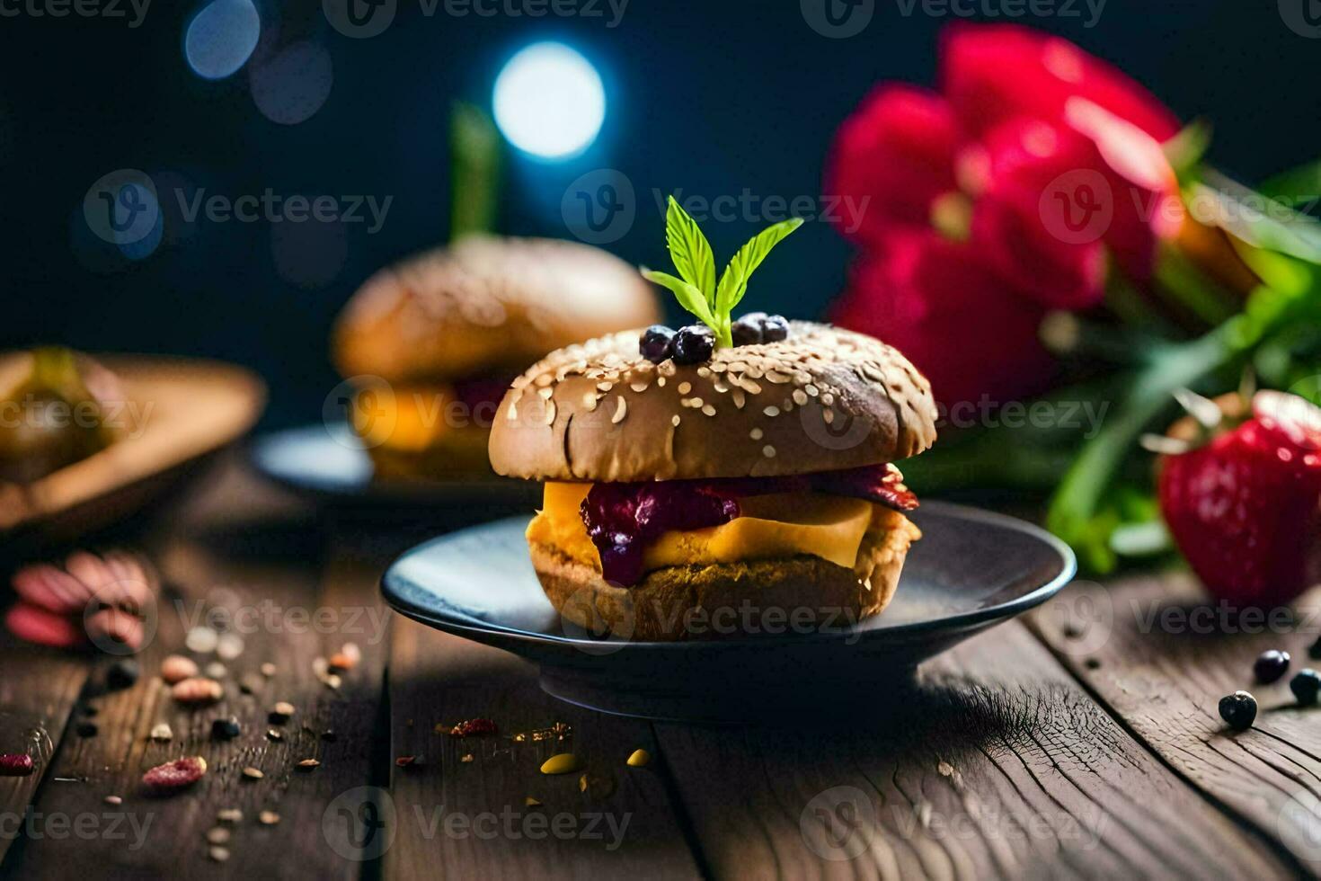 Hamburger com morango geléia em uma placa. gerado por IA foto