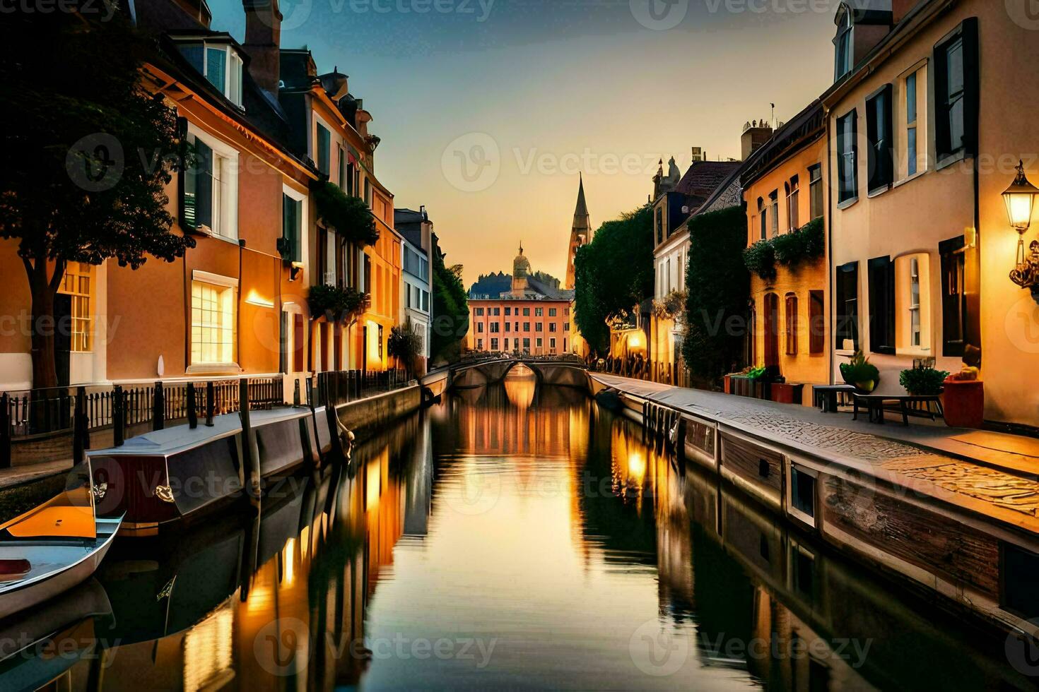 uma canal dentro uma cidade às pôr do sol com barcos e edifícios. gerado por IA foto