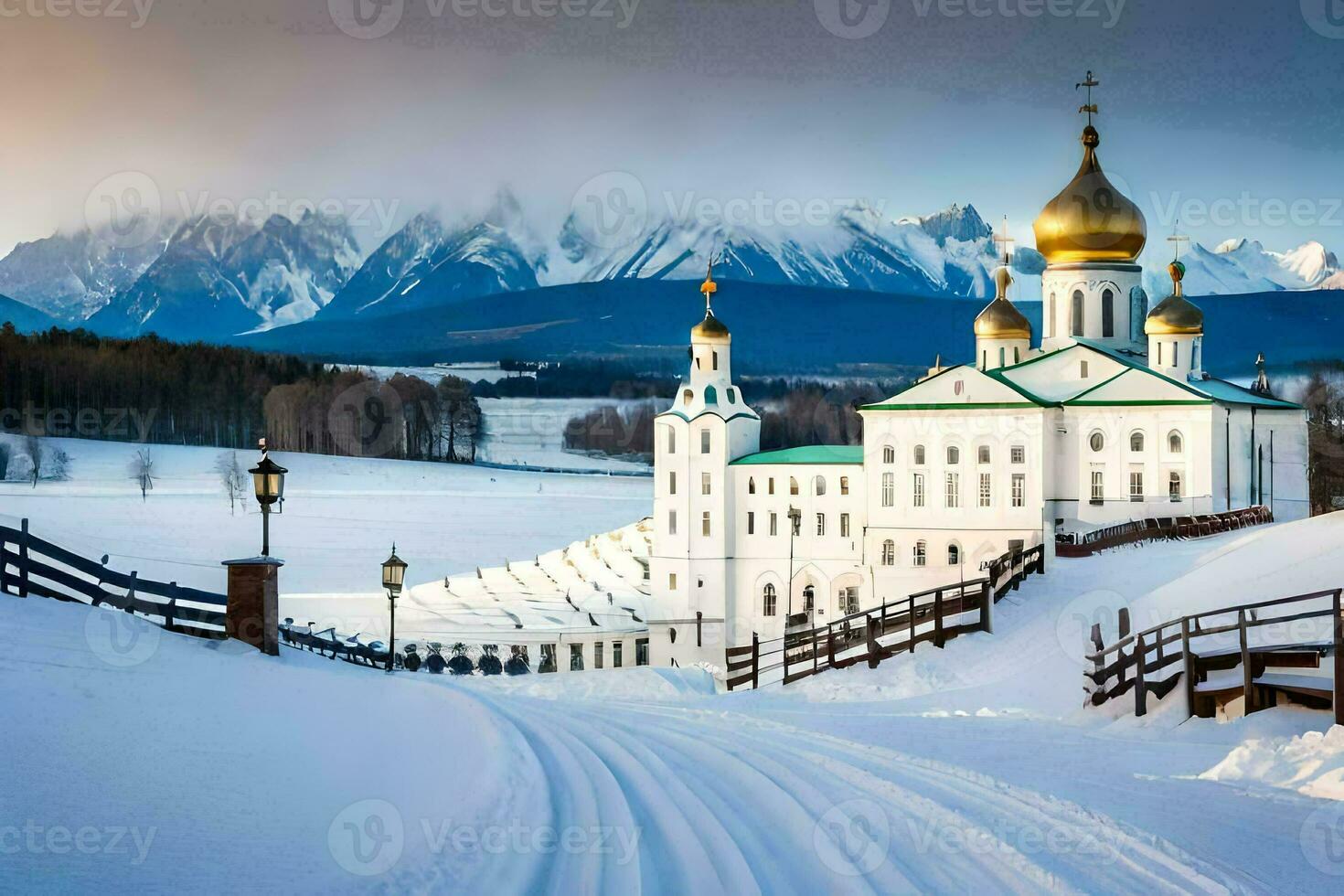 uma Nevado estrada conduz para uma Igreja dentro a montanhas. gerado por IA foto