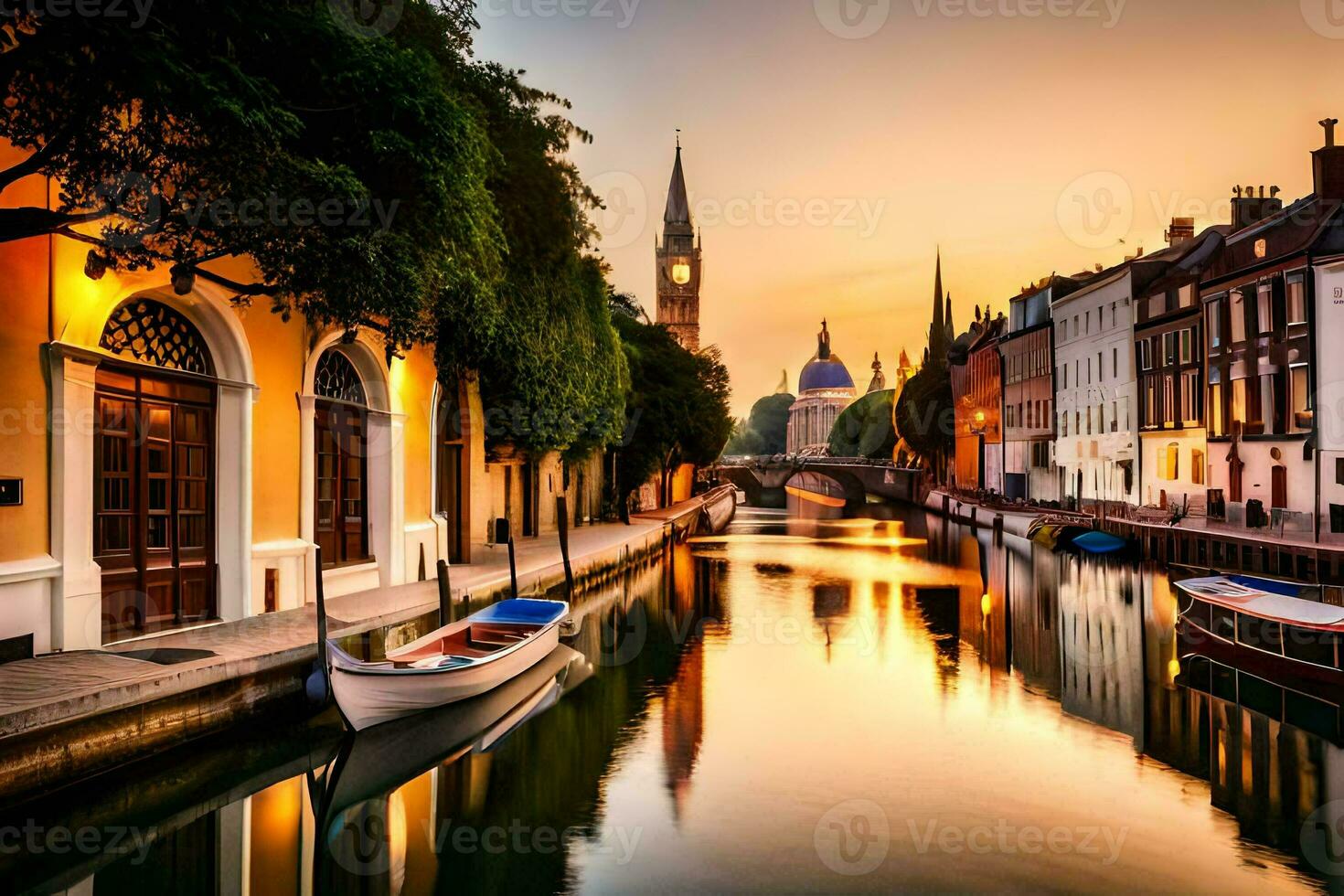 uma canal dentro uma cidade às pôr do sol com barcos. gerado por IA foto