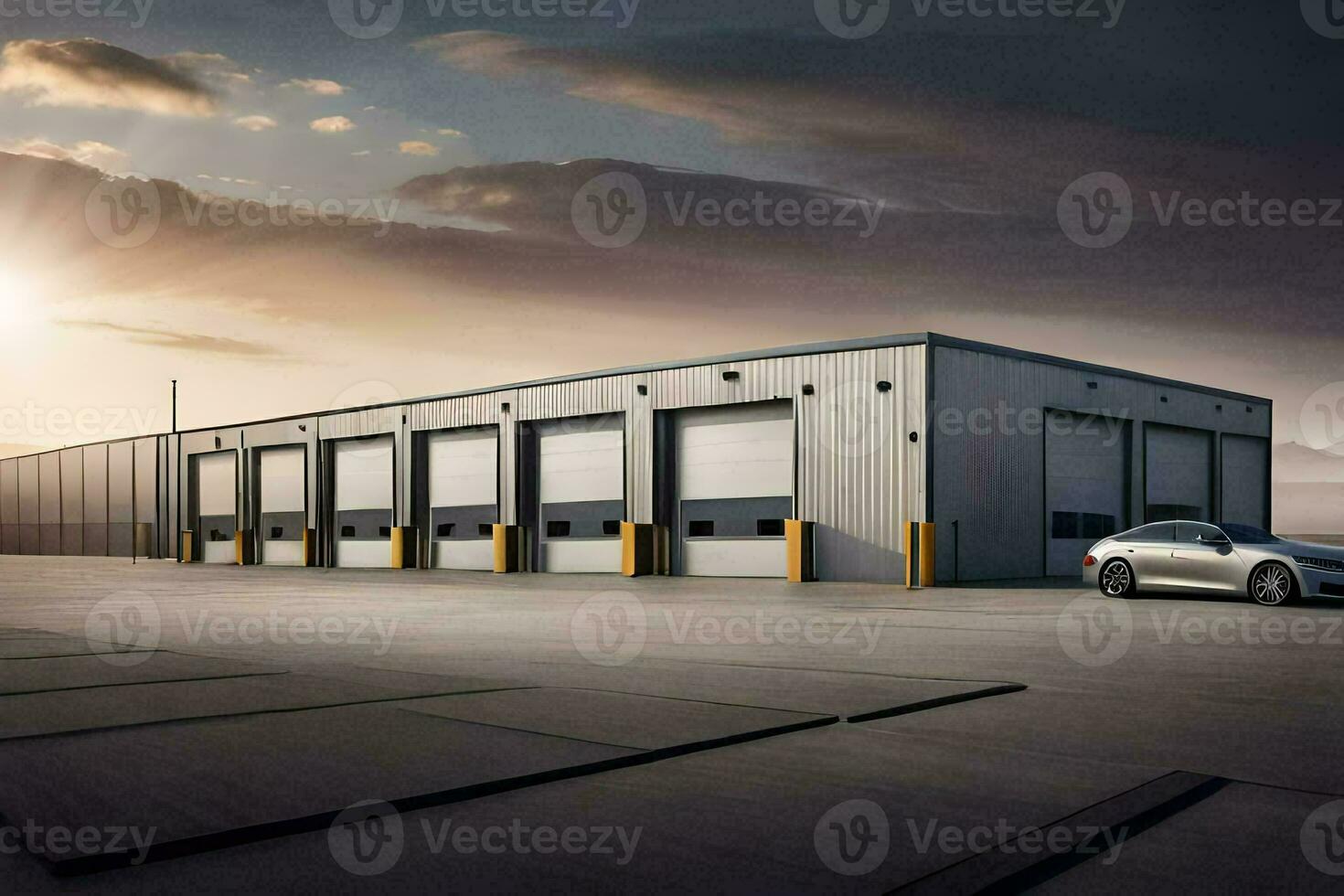 a mercedes e classe é estacionado dentro frente do uma ampla armazém. gerado por IA foto