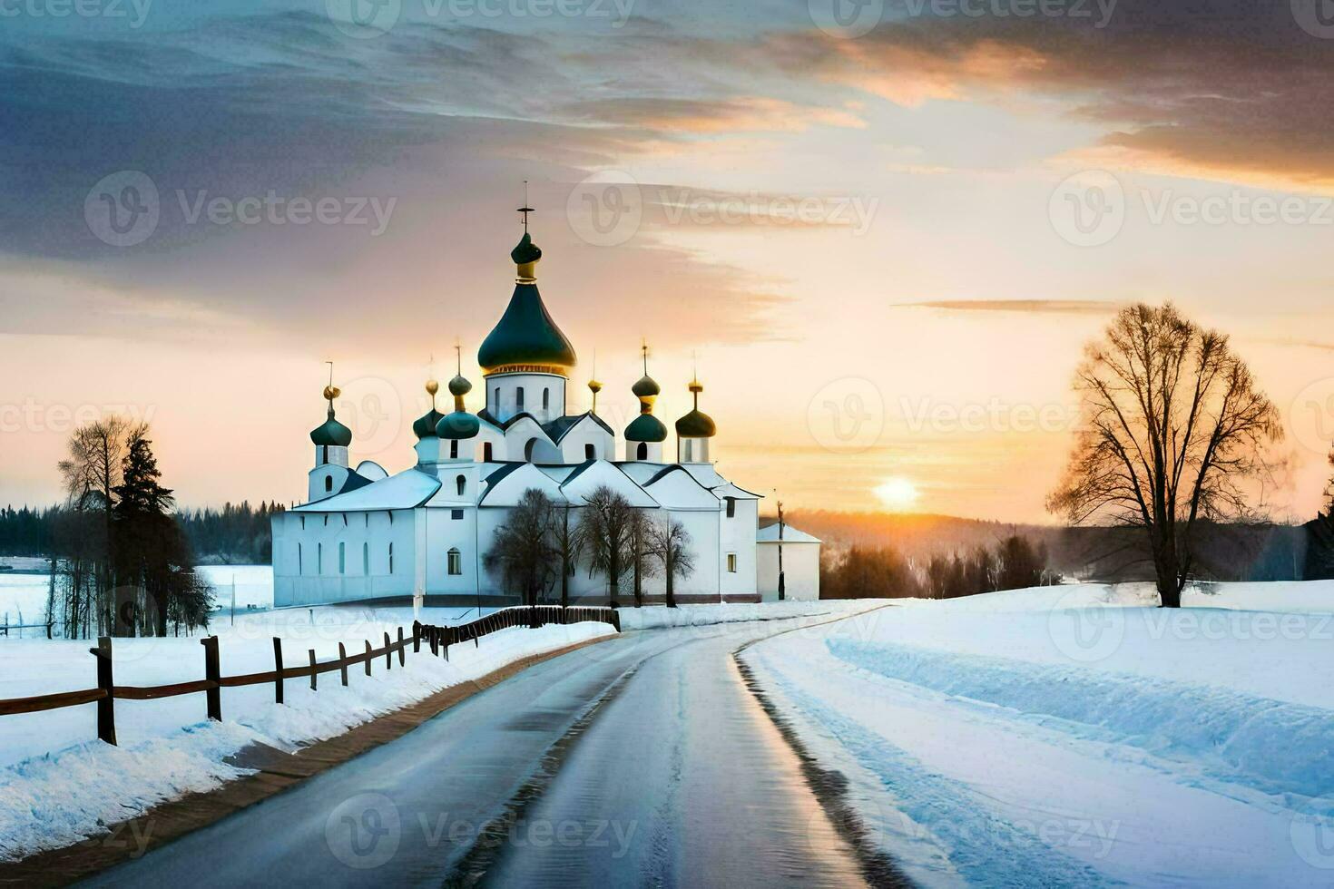 uma estrada conduzindo para uma Igreja dentro a neve. gerado por IA foto