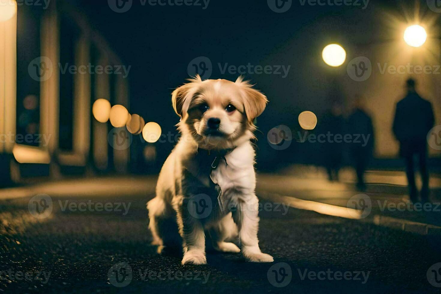 uma cachorro sentado em a rua às noite. gerado por IA foto